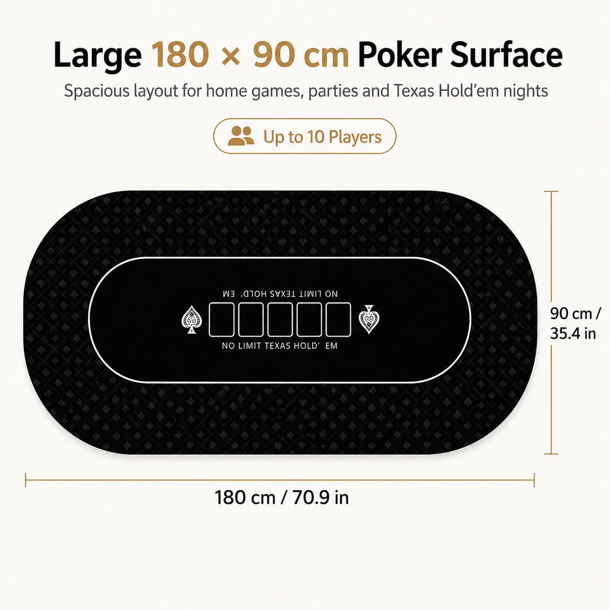 Tappetino da poker 180 × 90 cm, 10 giocatori Texas Hold'em Poker in gomma topper per tavoli, pieghevole portatile tavolo da poker layout con borsa per il trasporto per giochi di poker, blackjack