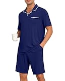 Mens Pajamas Set Summer Pjs Sets Lightweight Short Sleeve Pajama Soft Sleepwear Loungewear with Pockets