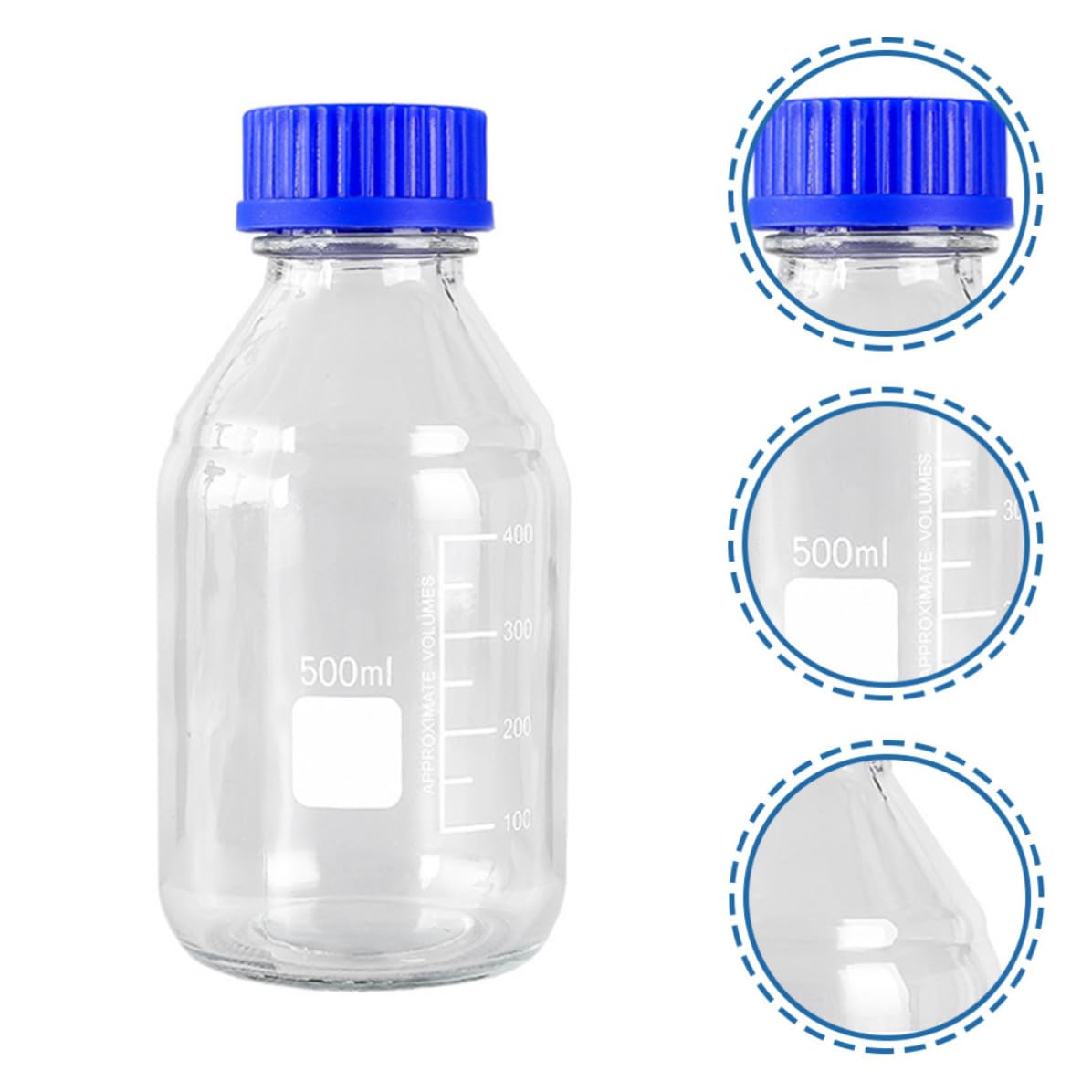 Housoutil 3 Piezas Botella de Vidrio para Reactivos de Laboratorio Tapa Azul de Rosca, Capacidad 500ml, Resistente al Desgaste y Buen Sellado para Muestras Químicas