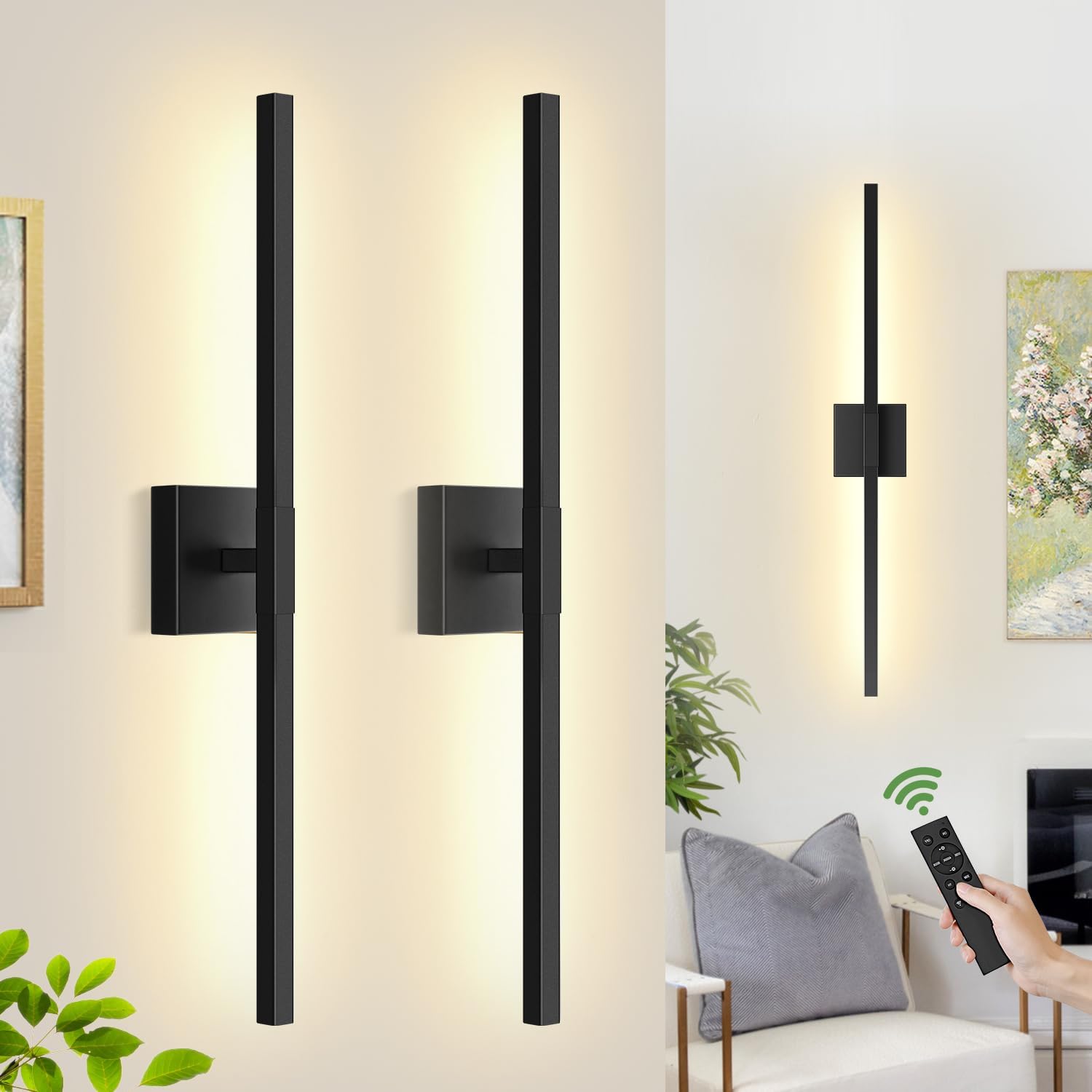 2 Pack 30" Wireless Wall Sconces Set of Two, 360° Rotate 8000mAh Rechargeable Wall Lights with Touch and Remote, 30" Matte Black Dimmable Battery Operated Wall Decor Set of 2 for Living Room Vanity