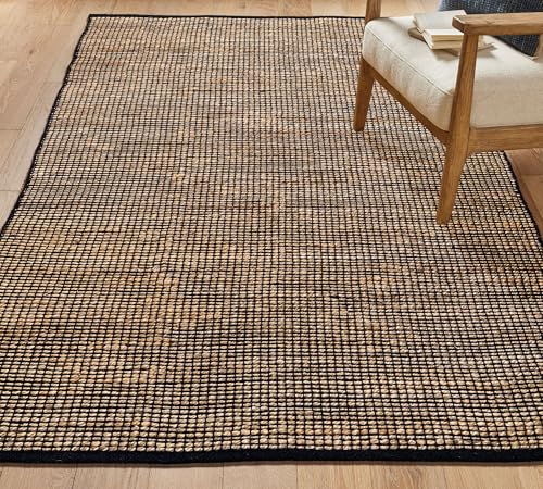 Chardin home 8x10 Jute Cotton Handwoven Area Rug | Braided Boho Farmhouse Rug in Natural Jute/Black | Rustic Vintage Floor Covering for Living Room, Bedroom, Kitchen, and Entryway