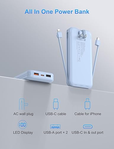 Miniatura 9 de Portable Charger with Wall Plug, 10000mAh USB C Power Bank Fast Charging, External Battery Pack with Built in Cables, Digital Display, 5 Output 4