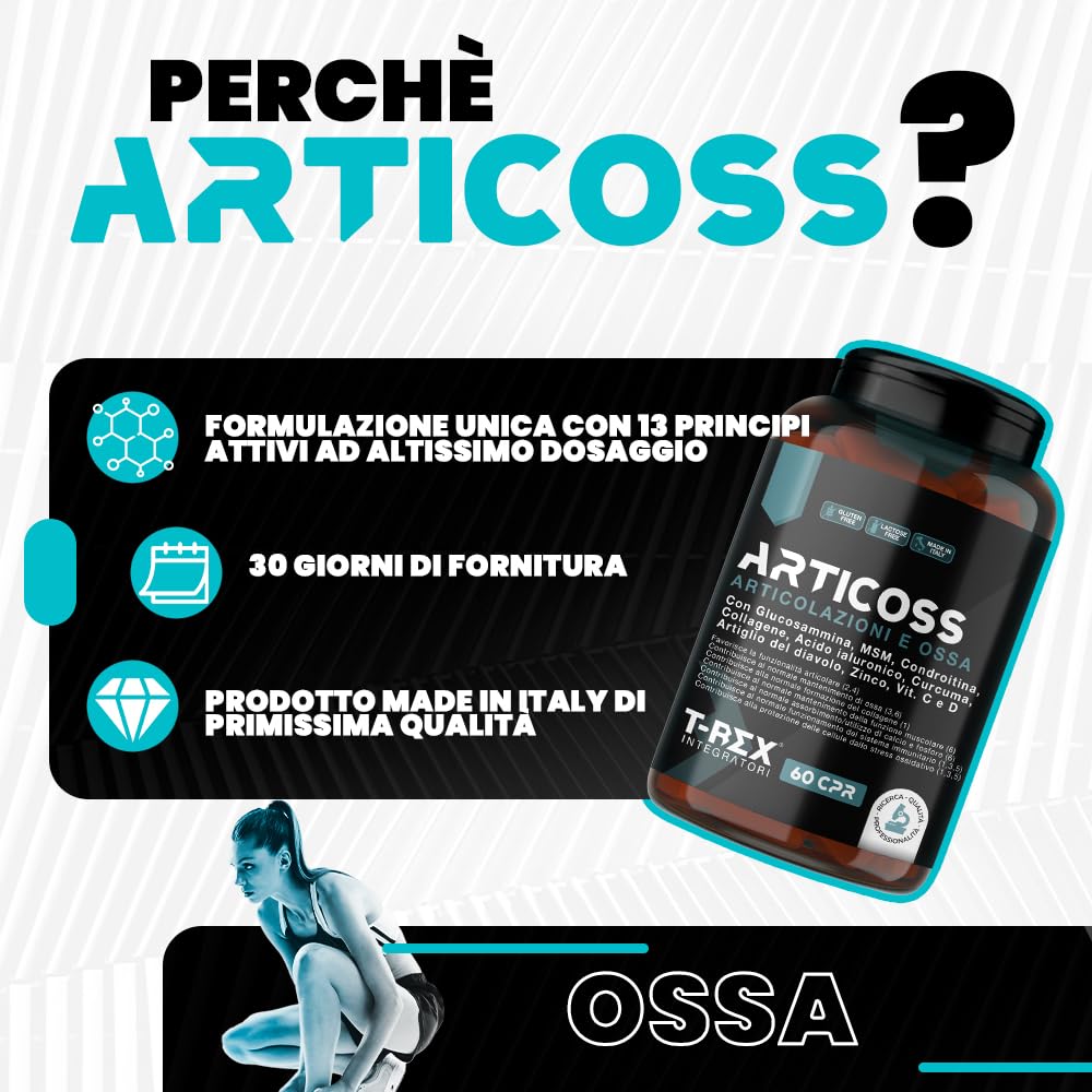 ARTICOSS Integratore per Articolazioni Ossa e Cartilagini con Glucosamina Condroitina Msm Artiglio del Diavolo, Vitamina C e Vitamina D, Collagene e Acido Ialuronico. 60 compresse