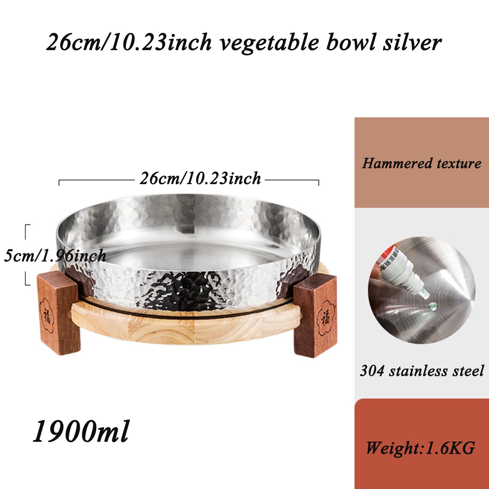 304 (18/8) talerze obiadowe ze stali nierdzewnej, okrągłe sałatki, metalowe naczynia, miska do sushi z drewnianą podstawą, 18/20/22/26 cm, komercyjna taca do serwowania grilla, steków, przekąsek