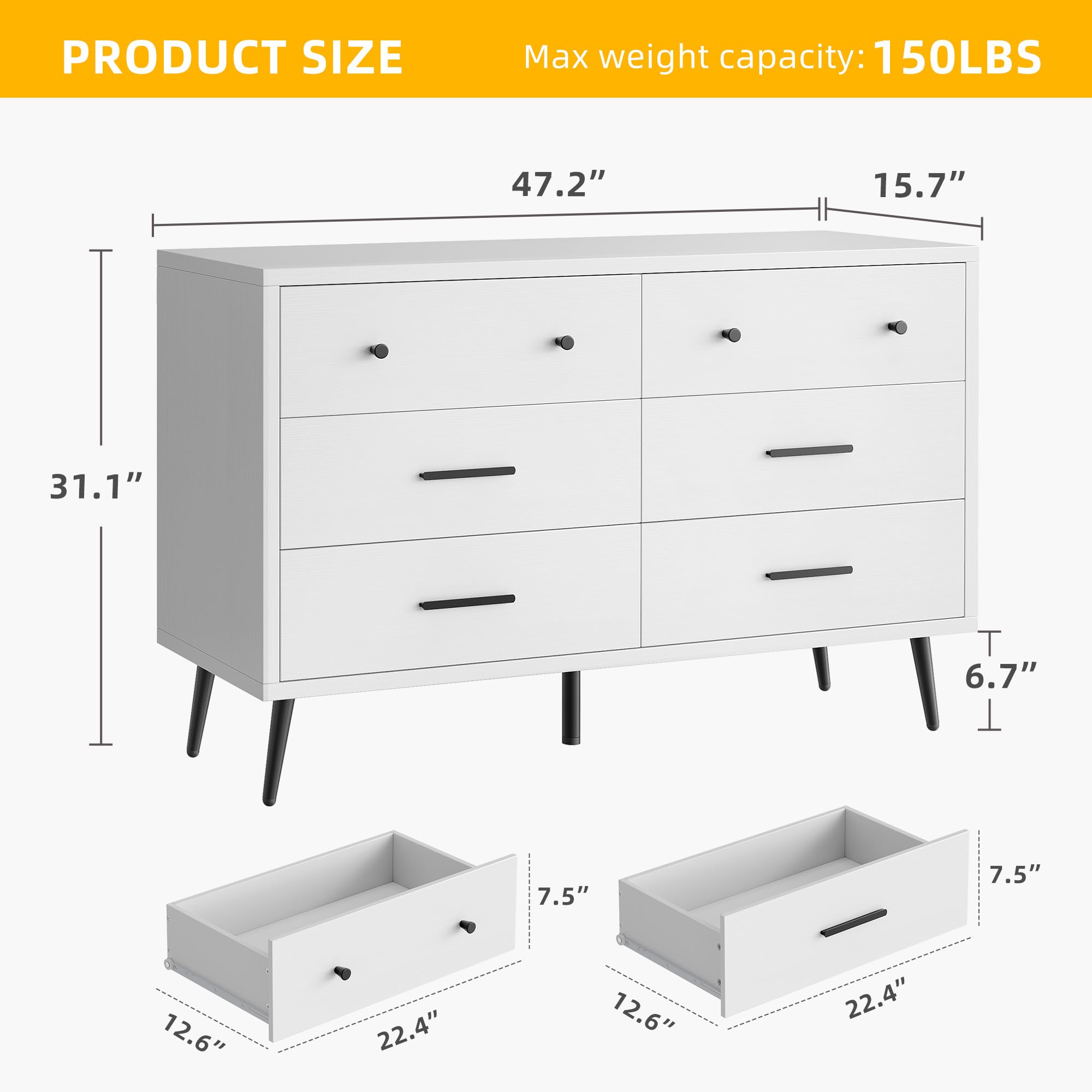DWVO White 6 Drawers Dresser