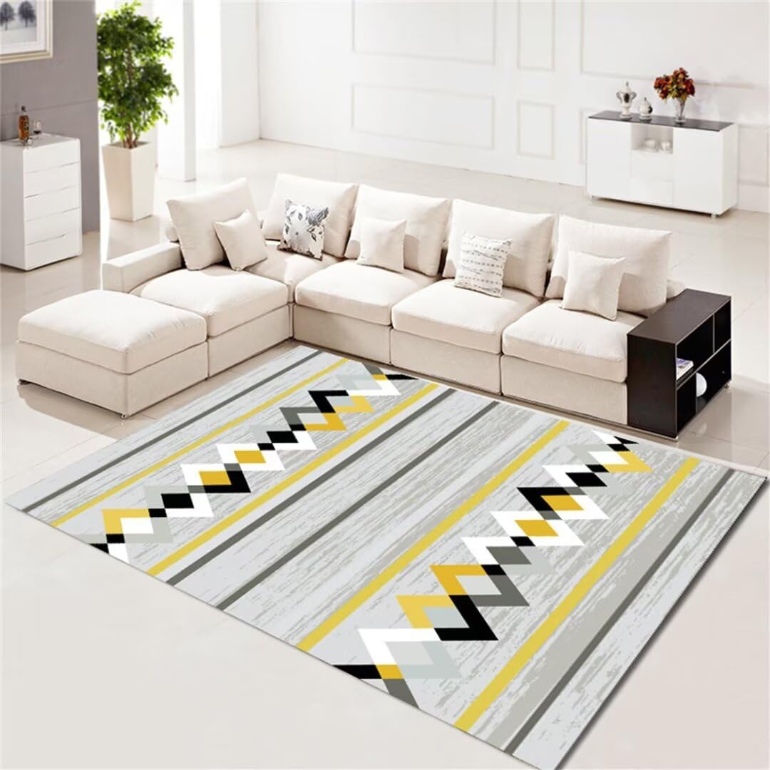 Tapis de salon a motif de lignes ondulees rayees jaune deco format 120x180cm
