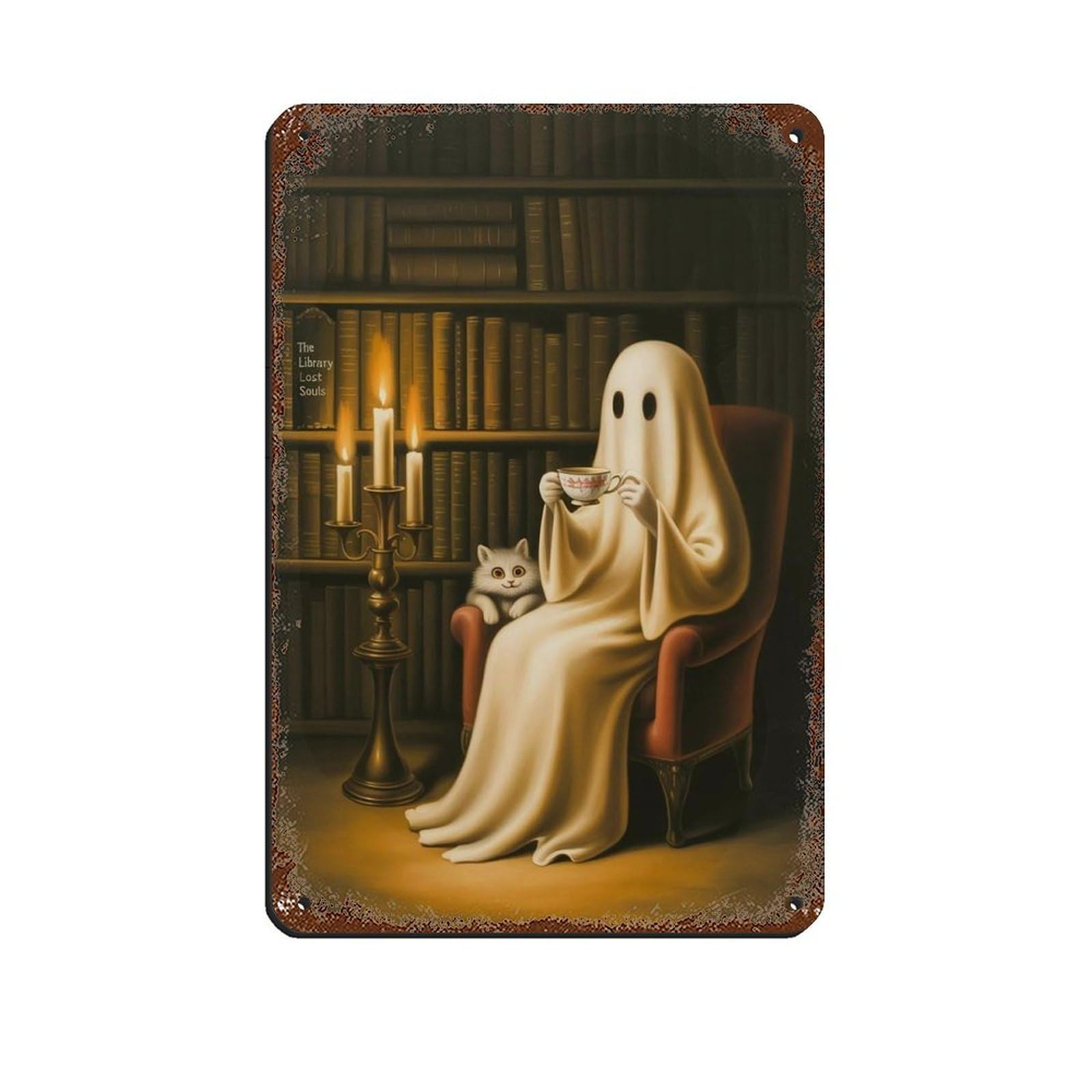 Ghost with Cat Drinking Coffee in Library Poster Retro Poster Metal Tin Sign Chic Art Retro Iron Painting Bar People Cave Cafe Family Garage Poster Wall Decoration 8x12inch(20x30cm)