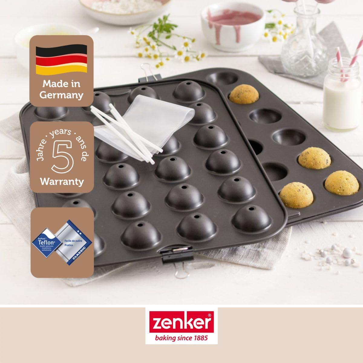 Zenker 7424 Moule pop cake 24 empreintes et 48 bâtonnets, moule cake pop et batonnet pop cake, moule à gâteaux, moule a sucette, moule sucette chocolat, Acier, Plastique, 38,5 x 26,5 x 3 cm