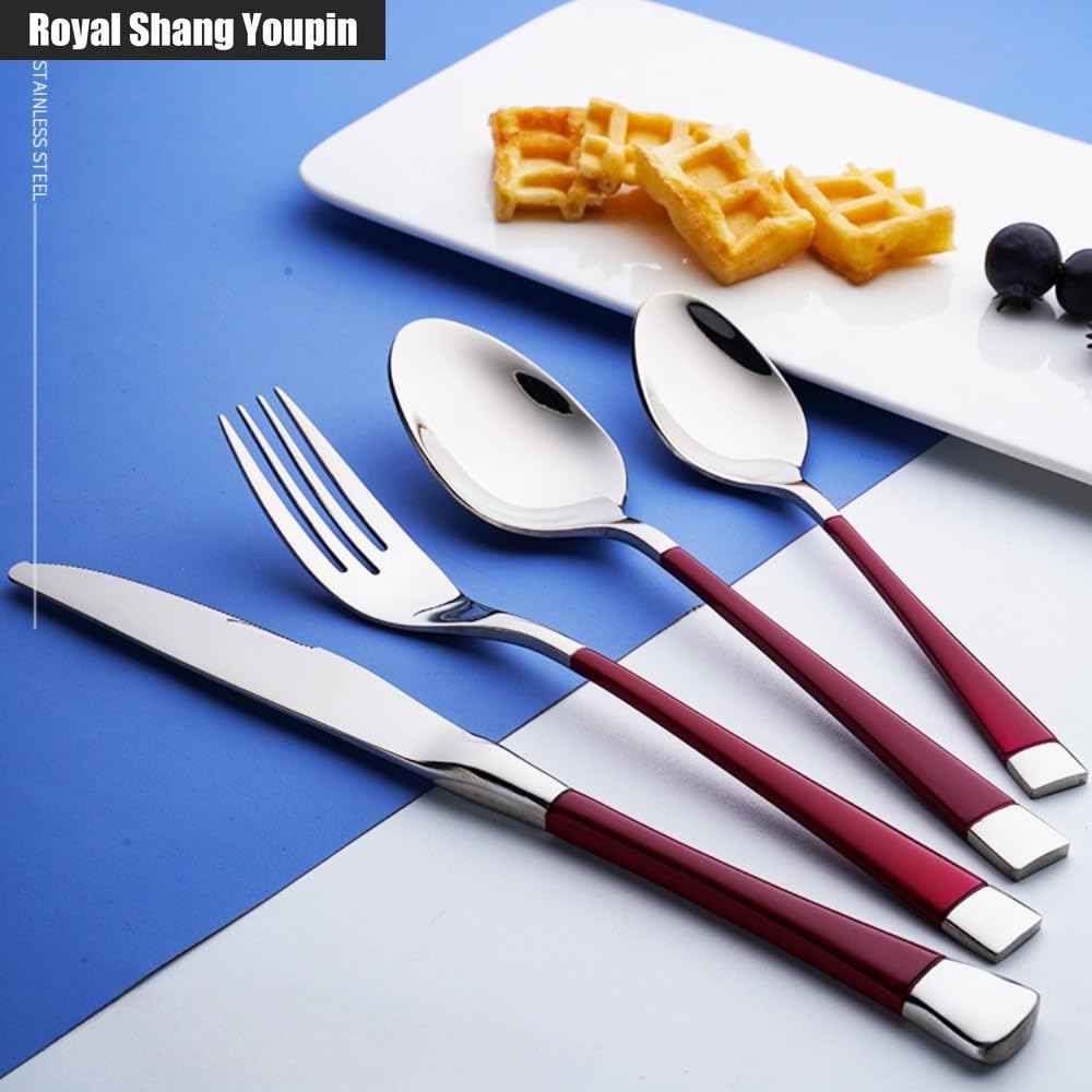 Manico Raffinato Cucina Acciaio Inossidabile Posate Stoviglie Posate Coltelli Forchette Cucchiai Set Coltello Da Bistecca Per La Casa Cucchiaio Da Dessert (Argento rosso,16 pezzi)