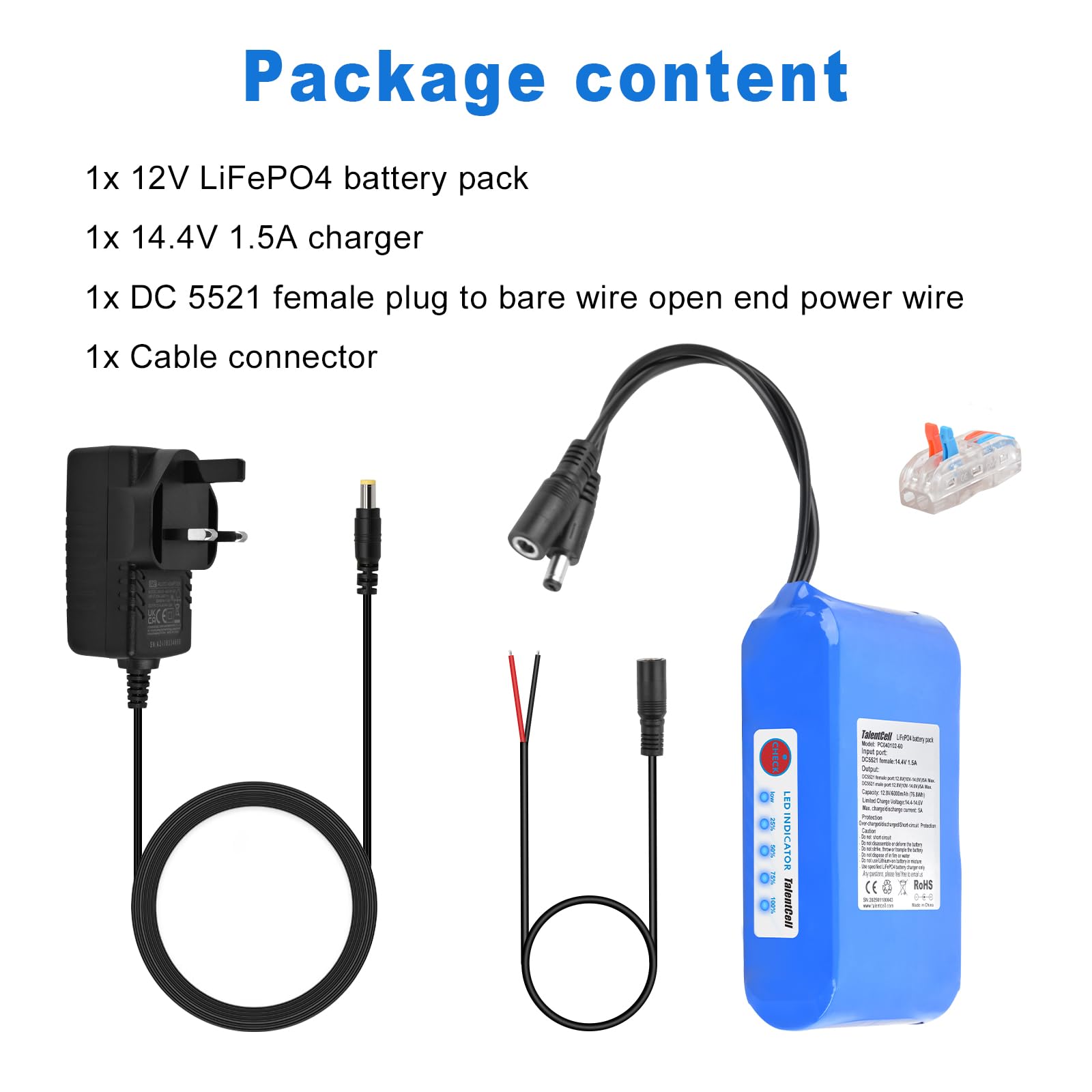 Talentcell Batteria ricaricabile LiFePO4 da 12 V, oltre 3000 cicli 12,8 V, 6000 mAh, 76,8 Wh, batteria di riserva al litio ferro fosfato con uscita DC 12 V per striscia luminosa a LED, telecamera CCTV