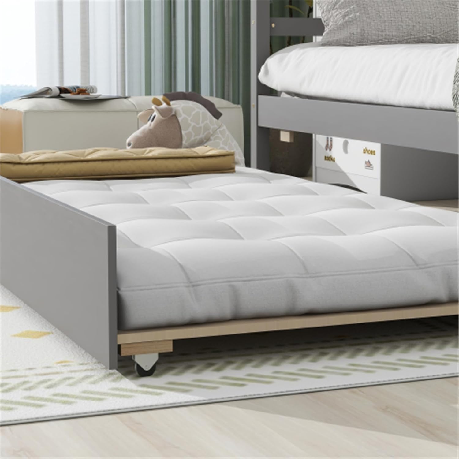 Twin House Wooden Daybed with Trundle, Twin House-Shaped Headboard Bed with Guardrails,Grey
