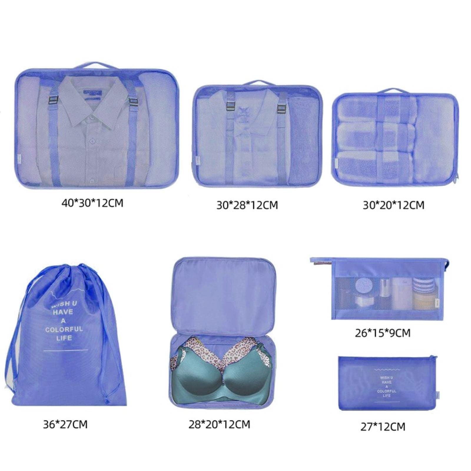Zestaw 7 sztuk Organizator podróży Torby do przechowywania Zestaw do pakowania walizek Futerały do przechowywania Przenośny bagaż Tkanina But Tidy Pouch-7szt Koreański niebieski