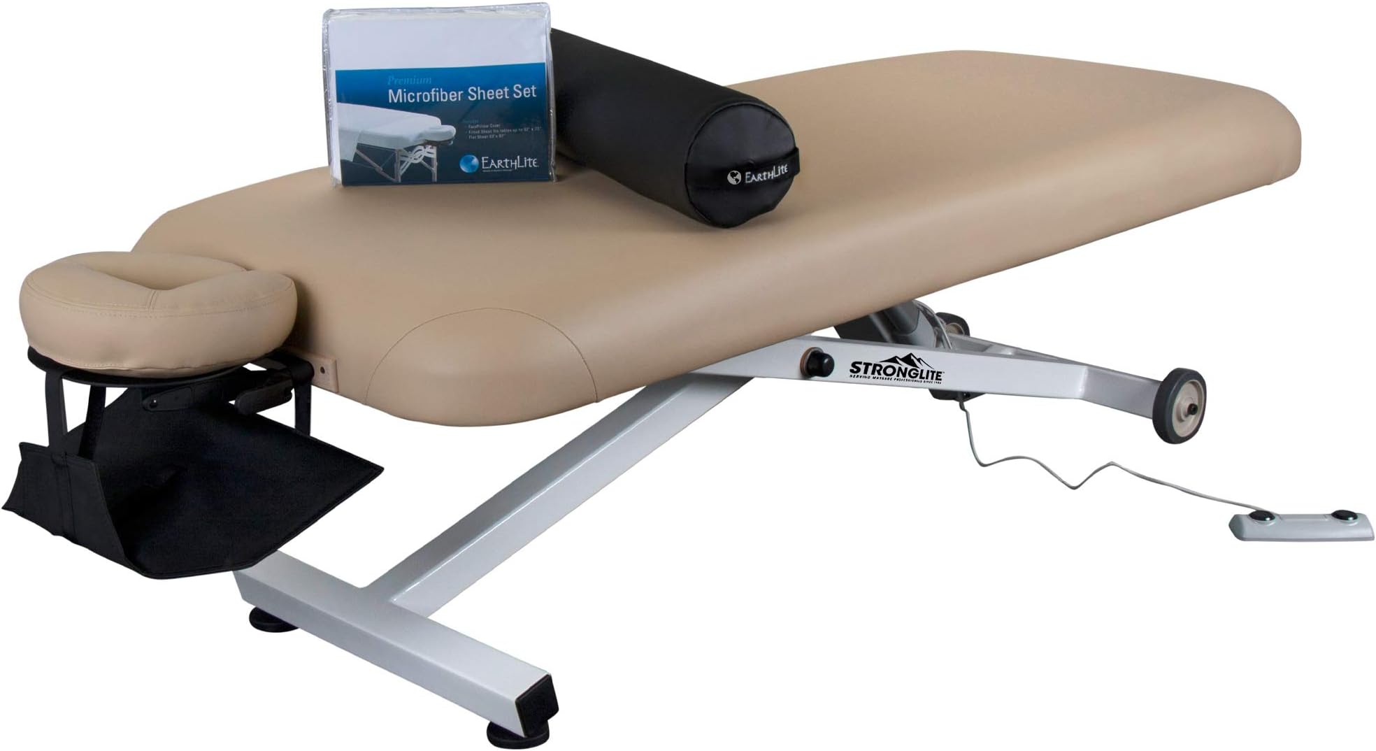STRONGLITE Electric Lift Massage Table Ergo Lift - Our Best Value Package incl. Face Cradle, Microfiber Sheet Set, Inflatable Stowaway Bolster & Hanging Armsling (30"x73")