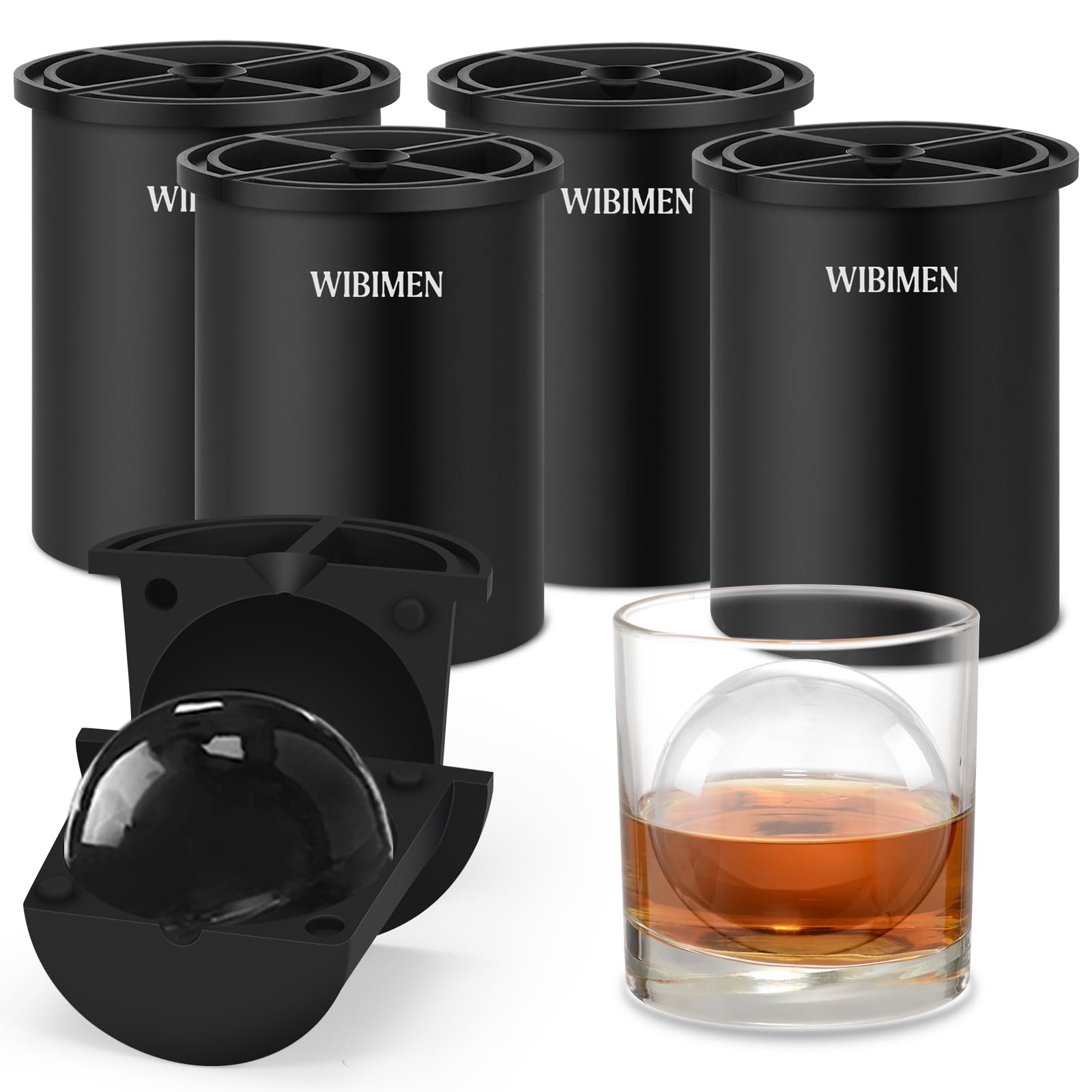Cubitera transparente de 6,4 cm, bolas de hielo de acero inoxidable transparente, moldes de silicona premium sin BPA para whisky y cócteles (negro, 4 unidades)