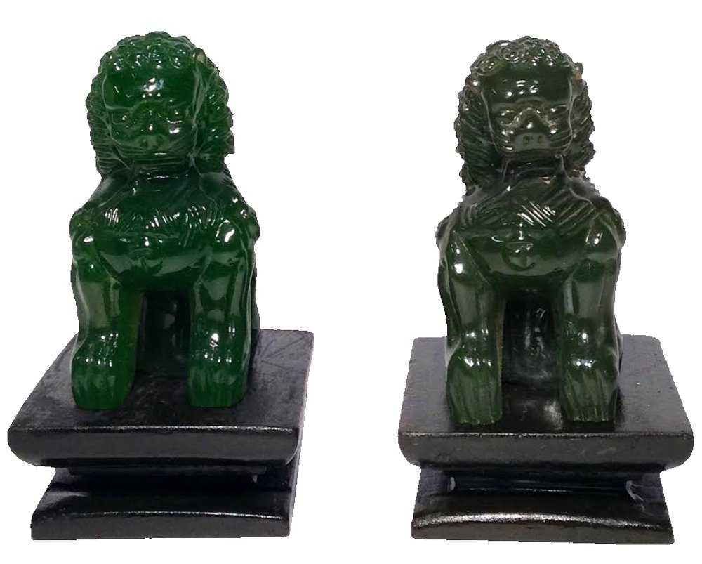 Pair of Male and Female 4" Glass Jade Colored Fu (Foo) Dogs
