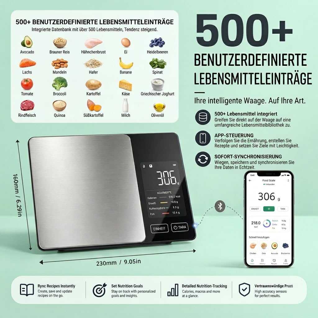 Bilancia da cucina digitale con contatore di calorie e calcolo dei valori