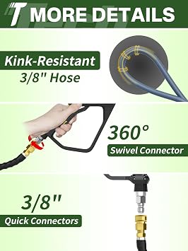 3/8 4800PSI Pressure Washer Hose 50FT with Swivel Quick Connect for Cold/Hot Water Max 248F, Kink Resistant Steel Wire Braided, Wear Resistant Power Washer Hose with M22 14mm Adapter