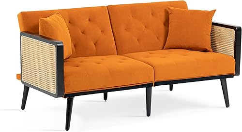 Miniatura 3 de Dolonm Sofá de terciopelo de 62 pulgadas con reposabrazos de ratán y 2 almohadas, sofá biplaza con pies de metal, moderno sofá convertible futón,