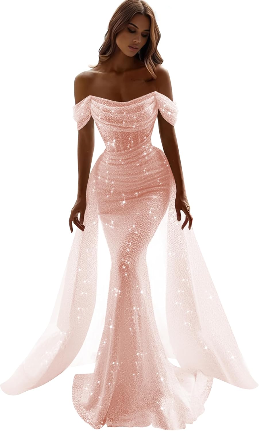Women’s Glitter Tulle Mermaid Prom Dress Long with Detachable Train Off Shoulder Sequin Evening Dresses Prom Gowns