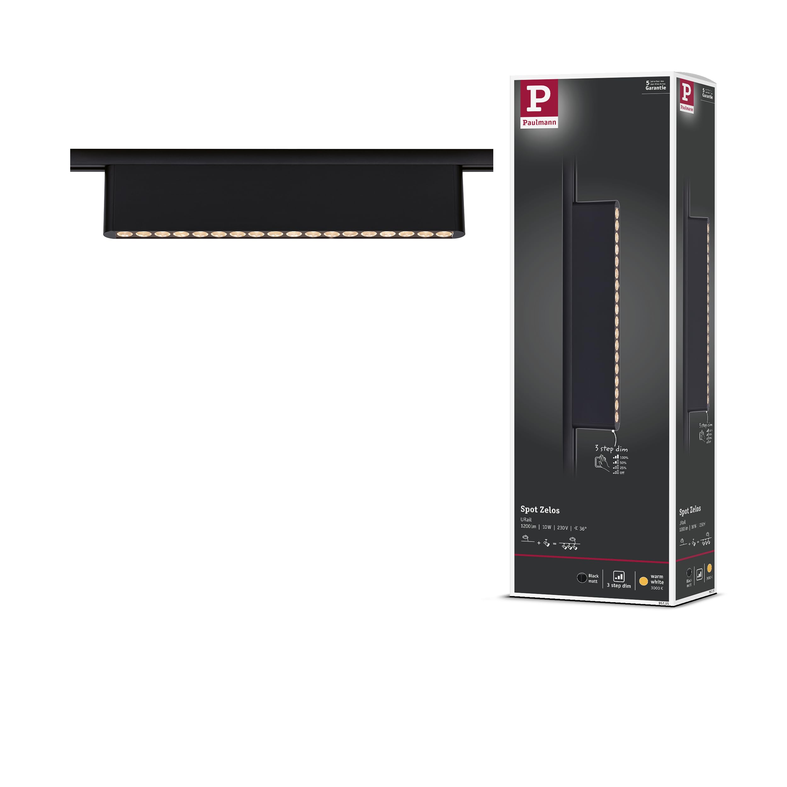 Paulmann 95715 URail Lightbar 3-Step-Dim Zelos 1050lm 10W 3000K dimmable 230V noir mat