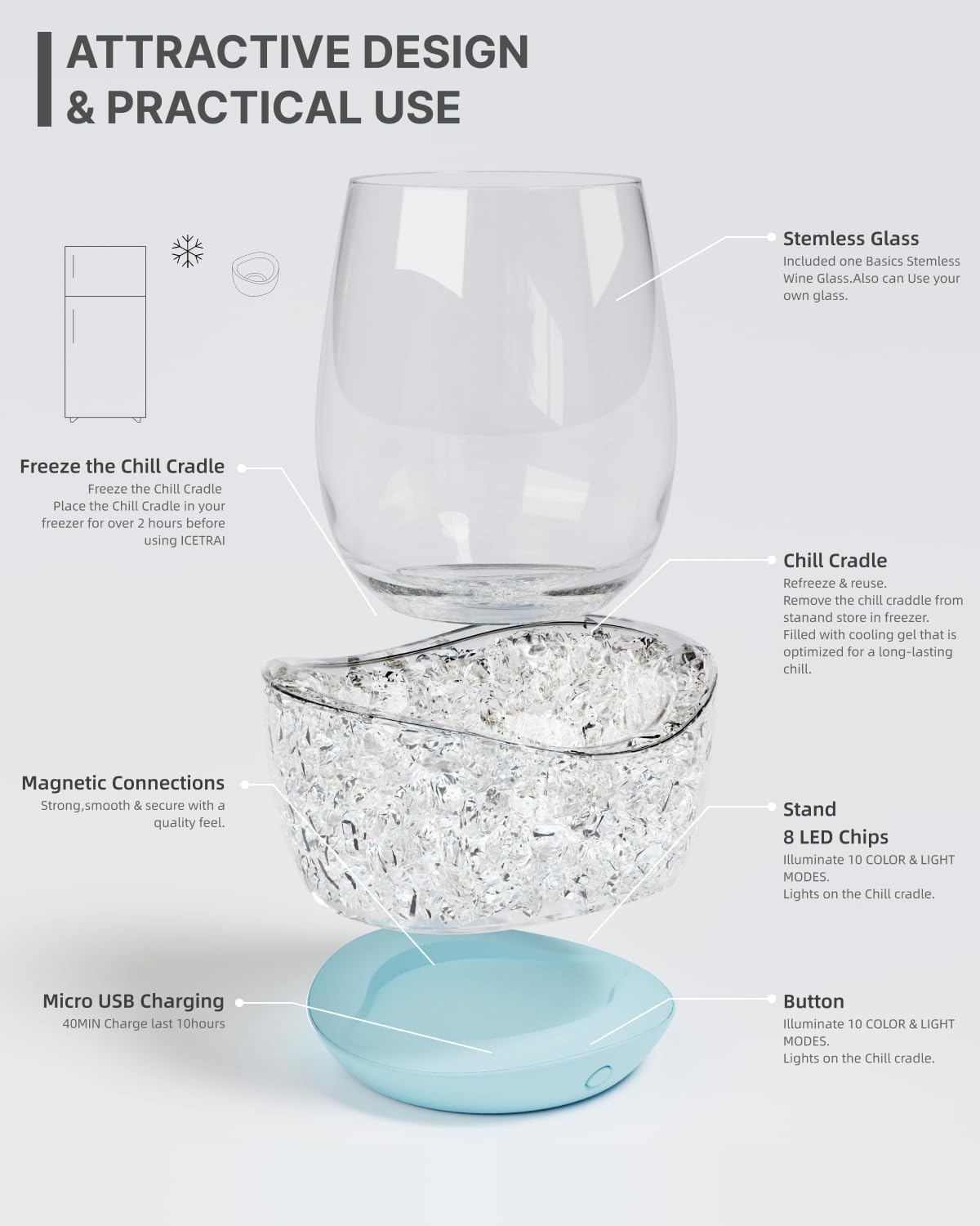 Wine Chiller for Glass Stemless Wine Glass Chiller Keeps Your Glasses of Vino Cold 10 Color Light Modes Separable Wine Essentials Accessories (Blue) - Image 6