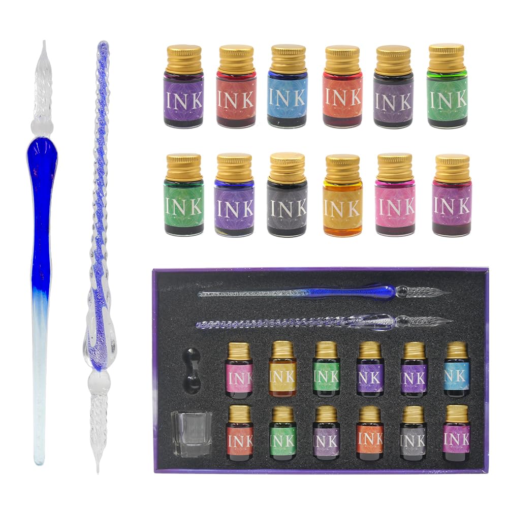 HINSINKIA 16 Pieces Glass Pen and Ink Pen Set, 2 Crystal Calligraphy Pens with 12 Gold Powder Inks, Pen Holder, Cleaning Cup, Glass Fountain Pen Gift for Kid