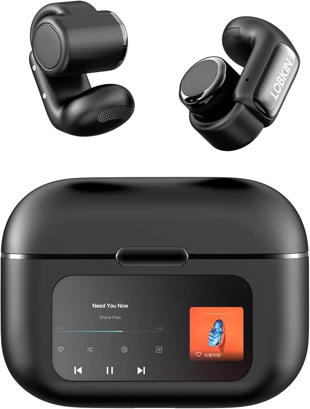 Open Ear Earbuds Clip On Headphones Wireless Bluetooth 5.4 Adaptive Comfortable Clip On Ear Buds with Mic,4GB Storage Lightweight IPX5 Waterproof LED Touchscreen Display Fit Sports (Black)