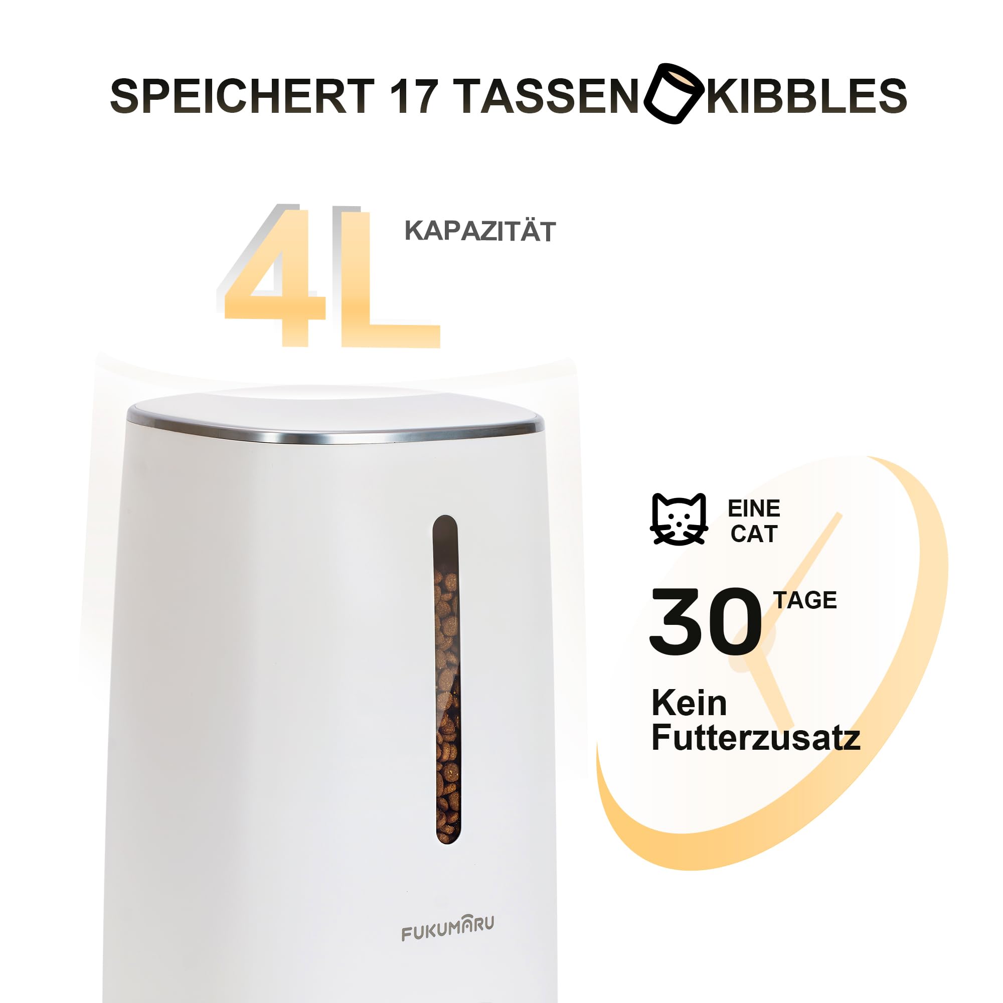 FUKUMARU Futterautomat Katze, 4L Katzenfutter Automat WiFi mit Doppelnäpfen, Automatischer Futterspender Katze/Hunde mit Maßgeschneidert Zeitplan, Akkubetrieben & Kabelgebundene Elektrik, Weiß
