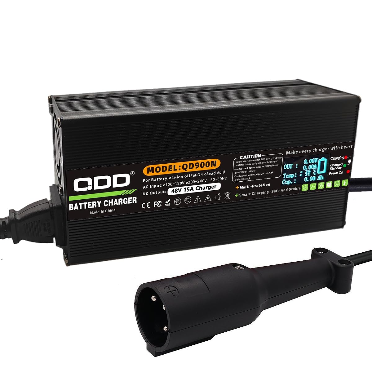QDD Club Car Chargeur de batterie 48 V 15 A pour chariot de golf 48 V avec affichage numérique, prise ronde à 3 broches