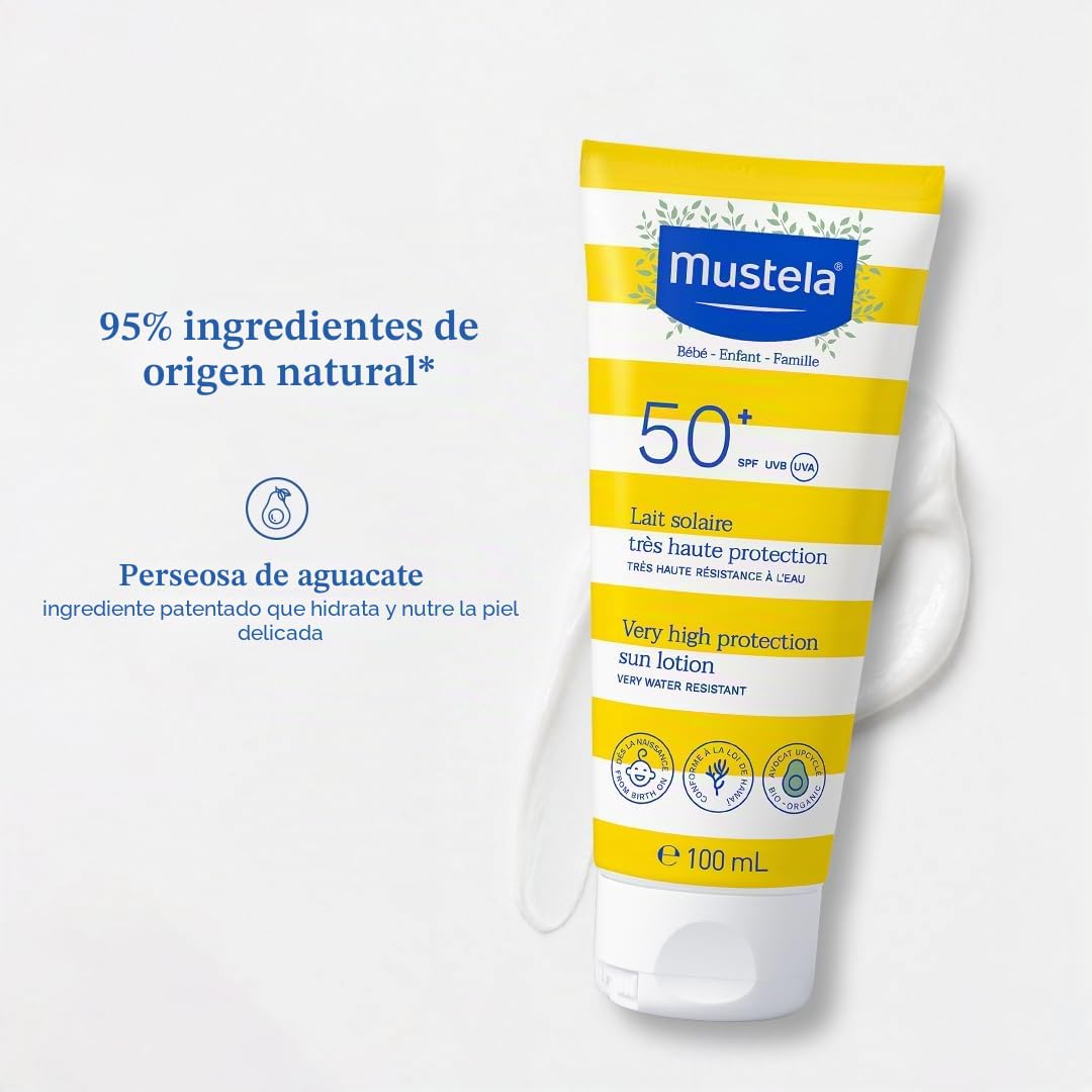 Mustela Leche Solar Spf 50, Rostro, Cuerpo, Con Perseosa de Aguacate, Bebés, Niños, Toda la Familia, Adecuada para el Embarazo - Muy Alta Protección contra los Rayos UVB y UVA (100ml)