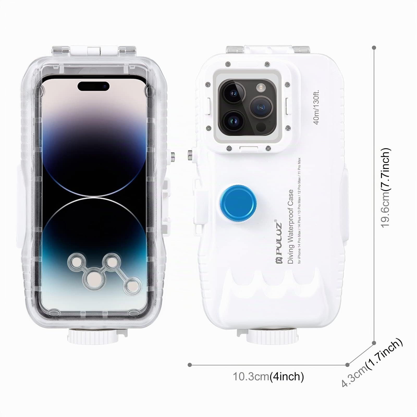 PULUZ Custodia impermeabile da 40 m per iPhone 14 Plus / 14 Pro Max / 13 Pro Max / 12 Pro Max / 11 Pro Max, per Surfing Snorkeling galleggiante foto video scattando custodia subacquea bianca