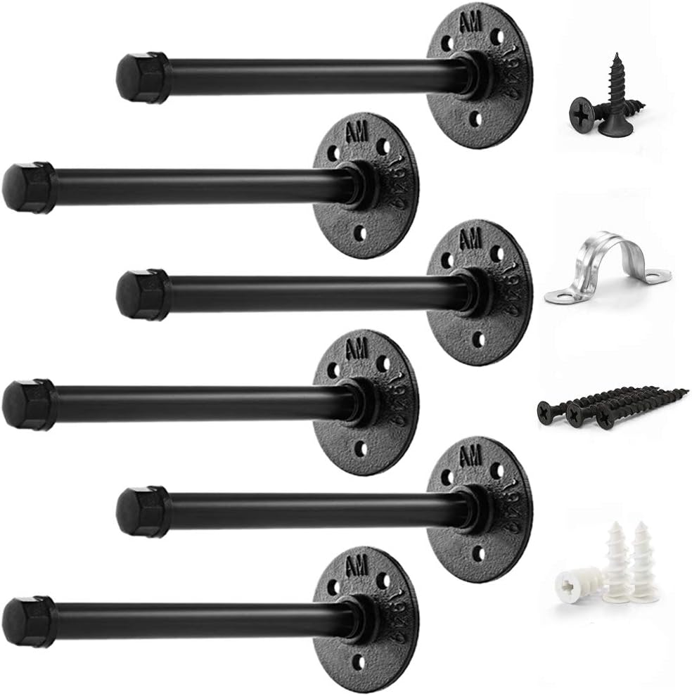 Pipe Bracket 8 inch (6 pcs Black Steel) - Industrial DIY Pipe Shelf Bracket for Wood Floating Shelf Vintage Look - Rustic Pipe Decor Wall Mount with All Accessories Needed (Shelf Not Included) (6)