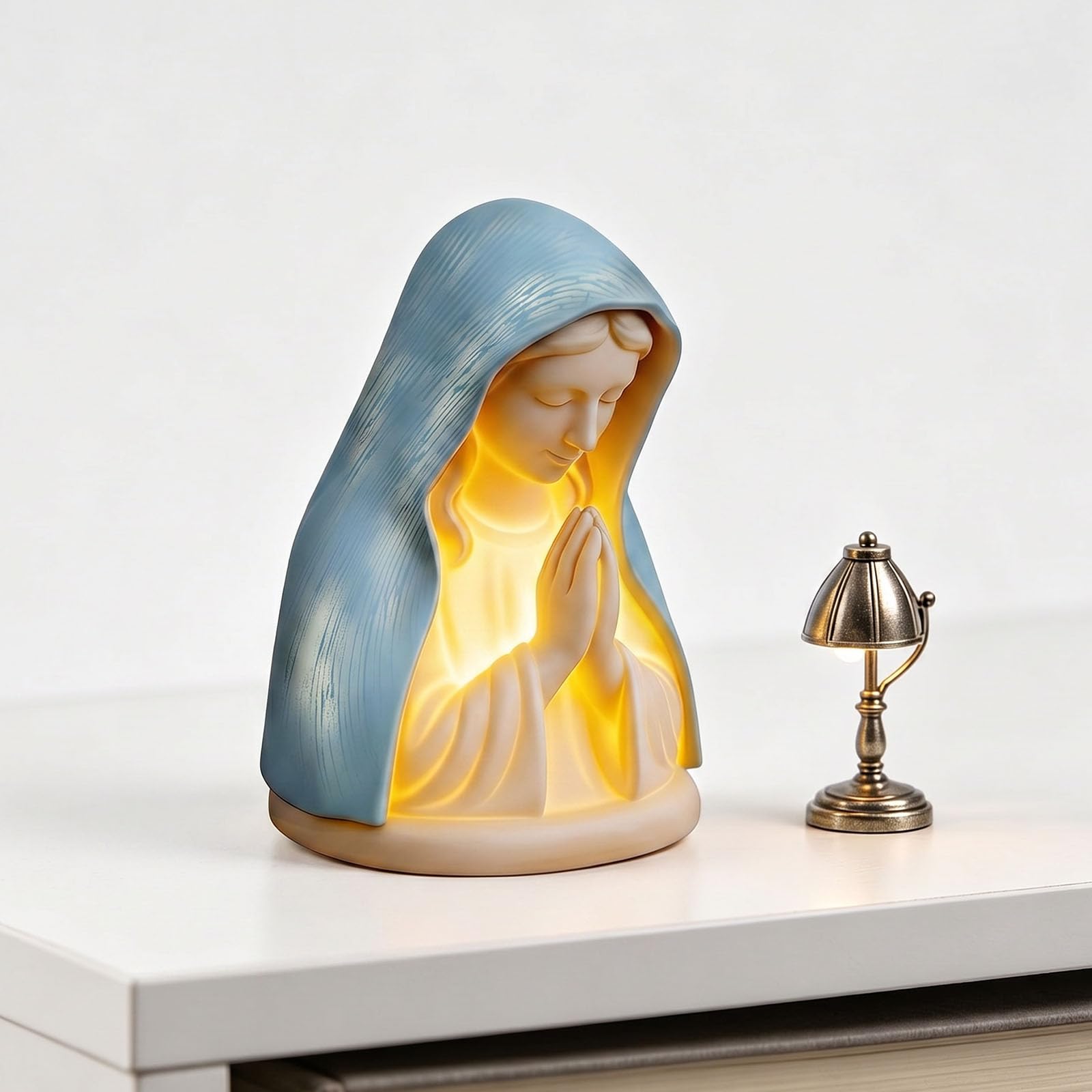 Virgin Mary Devotional Lamp, Elegant Religious Statue Light, Illuminated Religious Statue, Mary Prayer Statue Night Light for Home Bedside Desk Decor and Spiritual Comfort