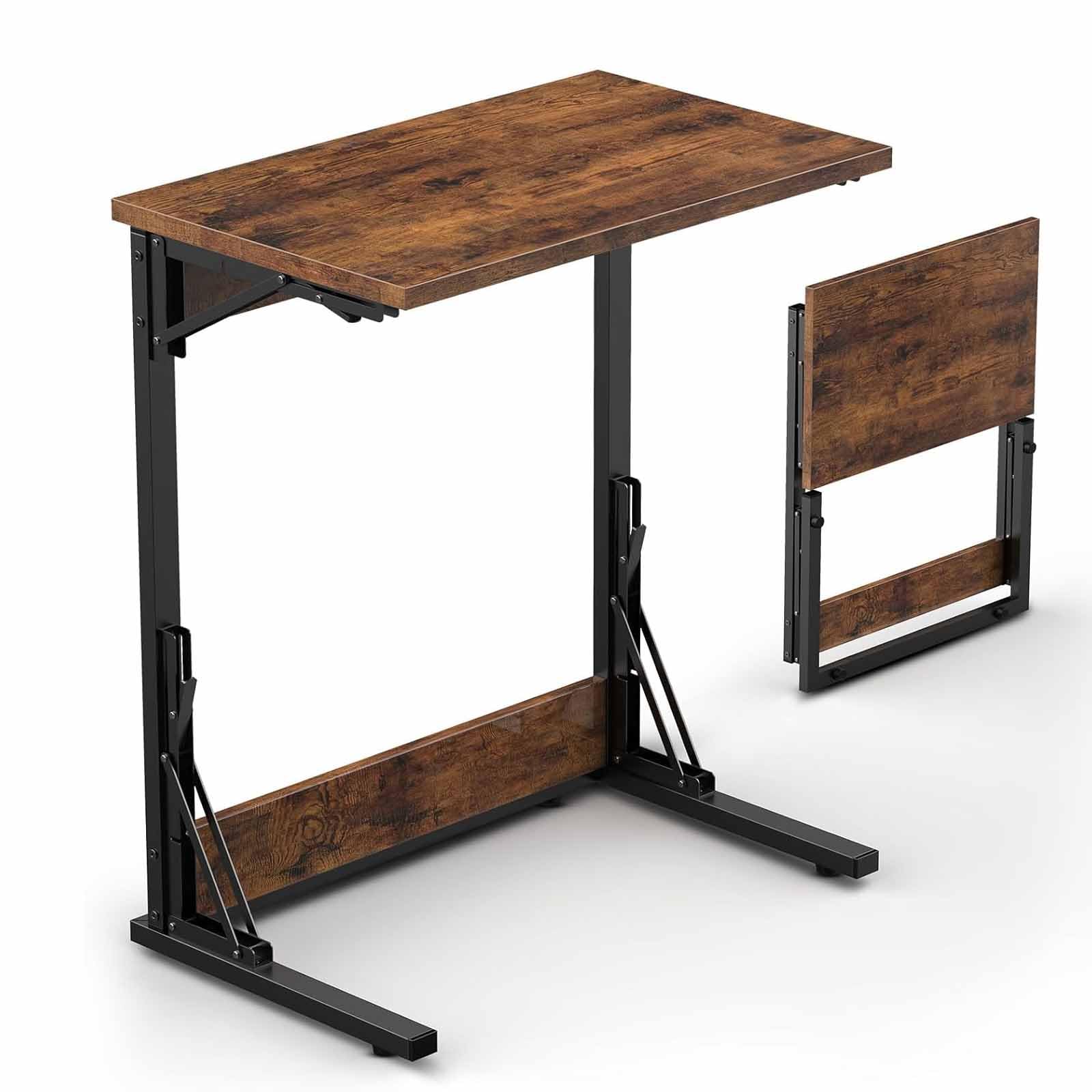 SXZenSpace 24" Upgraded Folding TV Tray Table, Foldable C Shaped End Table for Couch, Dinner Tray, Small Sofa-Side Laptop Desk Living Room Bedroom, Rustic Brown