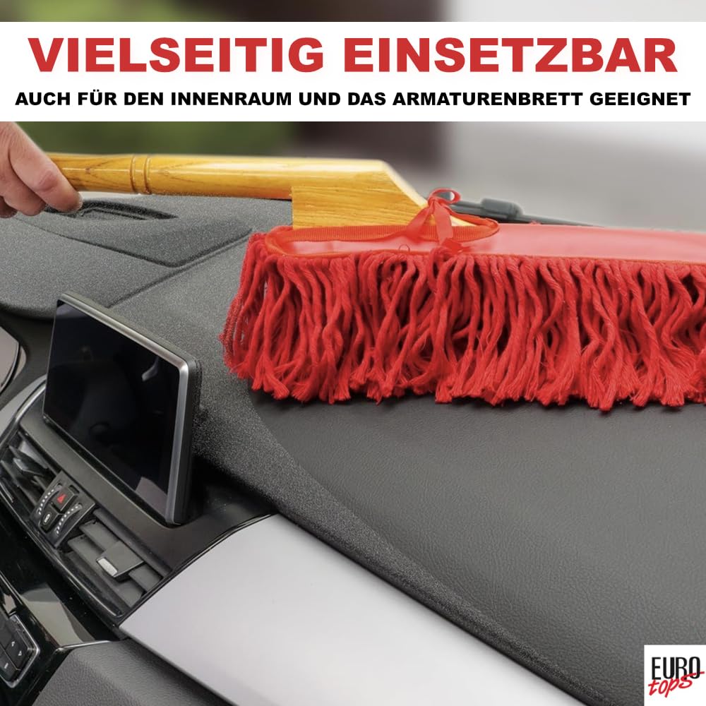 EUROtops Profi Car Duster – Cepillo de mano ideal para polen y limpieza de coche sin agua, flecos encerados, fibras de algodón, mango largo, conocido en Estados Unidos