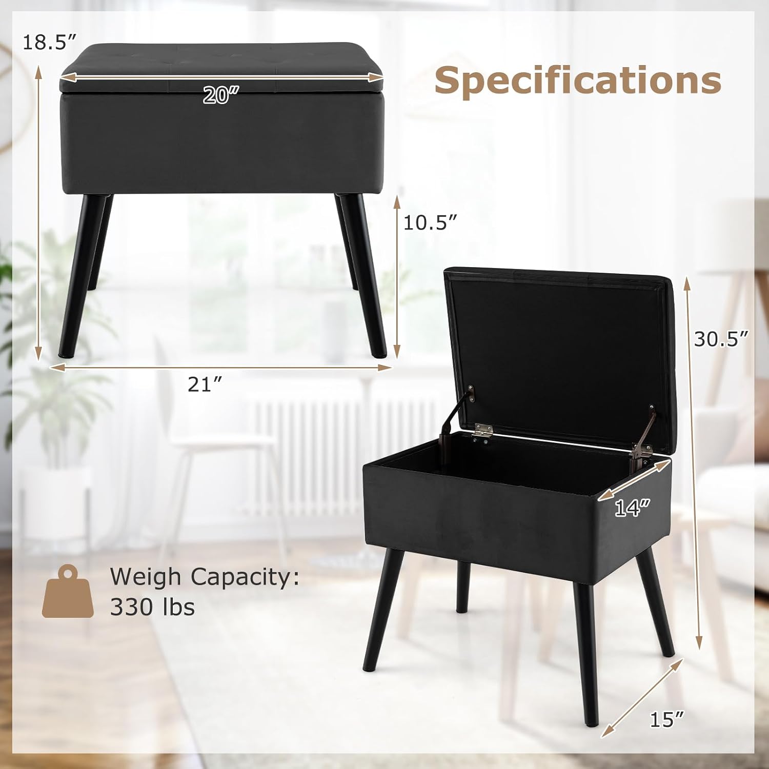 Giantex Vanity Stool Chair with Storage, Multifunctional 20" Makeup Seat with Wood Legs, Ottoman Foot Rest, Upholstered Tufted Makeup Vanity Chair for Dressing Bedroom Living Room