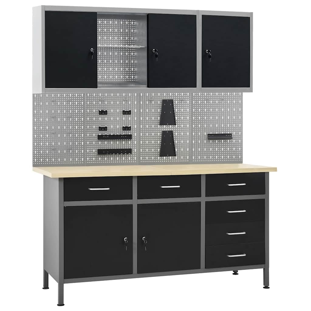 Set da officina, banco da lavoro, 160 x 60 x 85 cm, con 4 pareti per attrezzi e 2 armadi da parete chiudibili