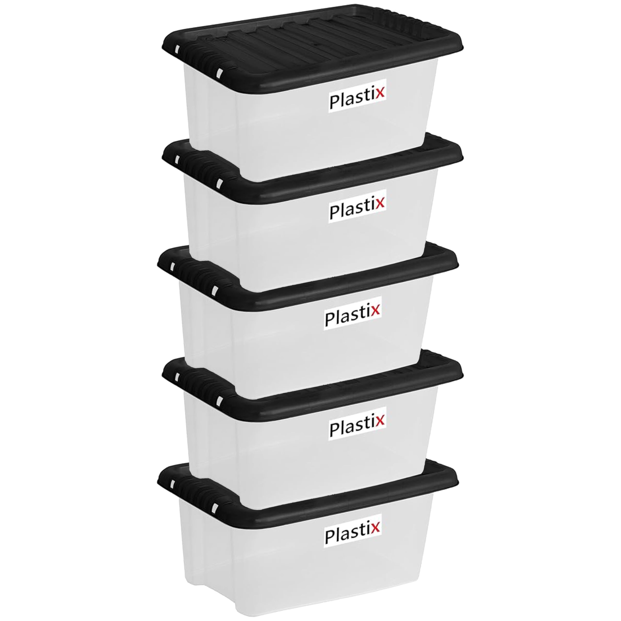 Plastix Clear Plastic Storage Box Boxes With Black Lids Home Office Stackable UK Made (5, 13L)
