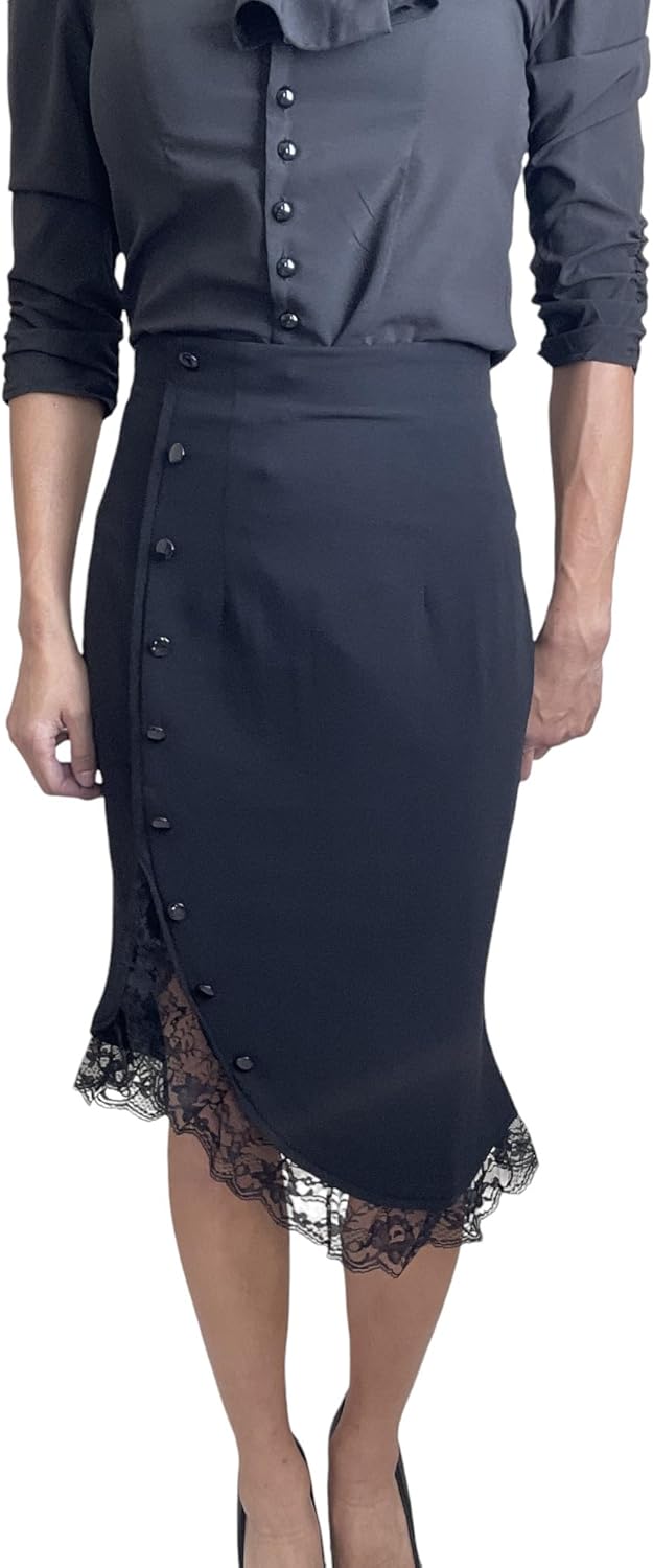 Women’s High Waist Pencil Skirt – Vintage Lace Trim Tulip Hem Midi Skirt with Buttons – Wiggle Fit for Work or Evening