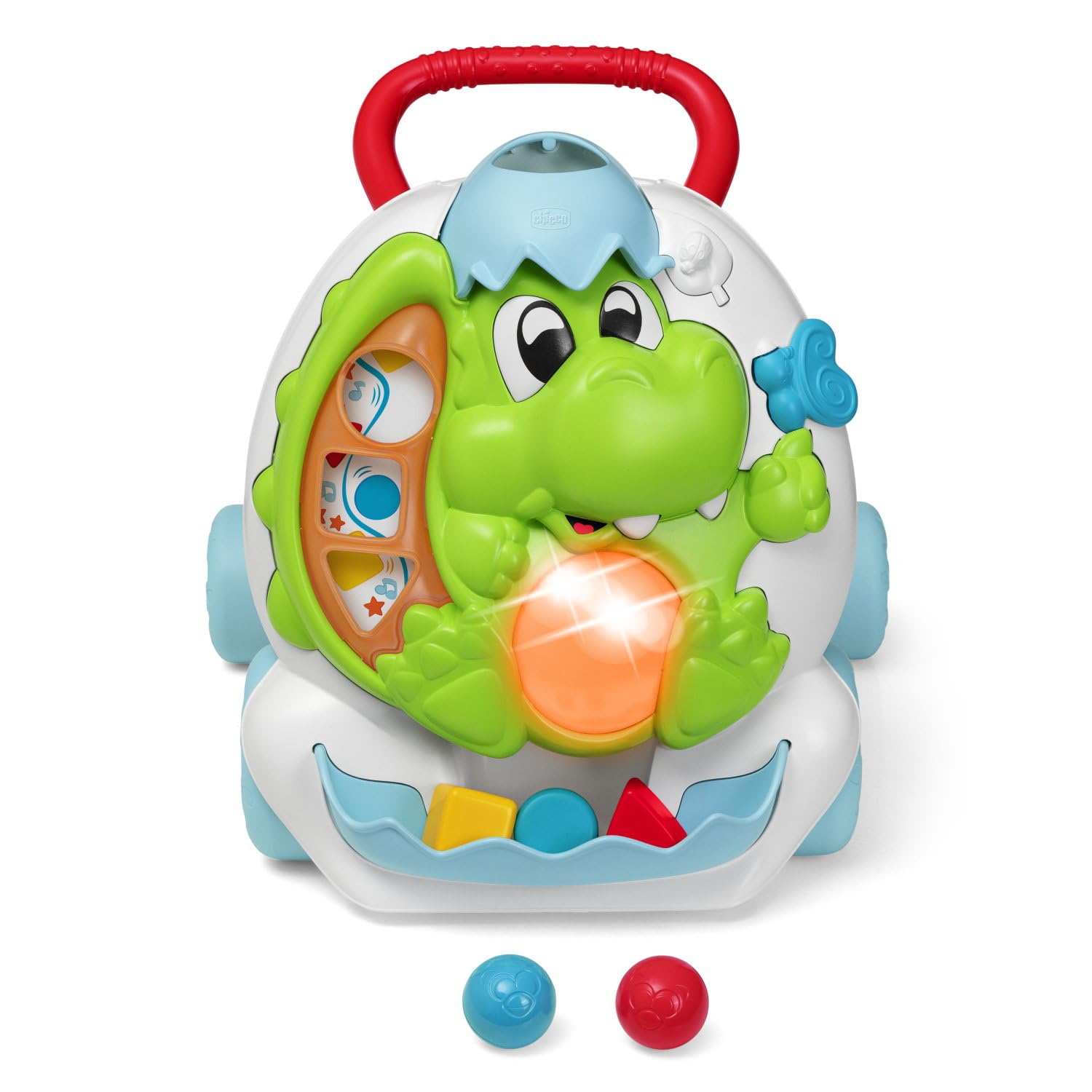 Chicco Gioco Primipassi Dinosauro, 2in1 Evolutivo, Girello e Centro attività Elettronico, 2 Palline, 3 Formine, Luci e Suoni, Parti in Plastica Riciclata 80%, Made in Italy, Giochi Bambini 9-24 Mesi