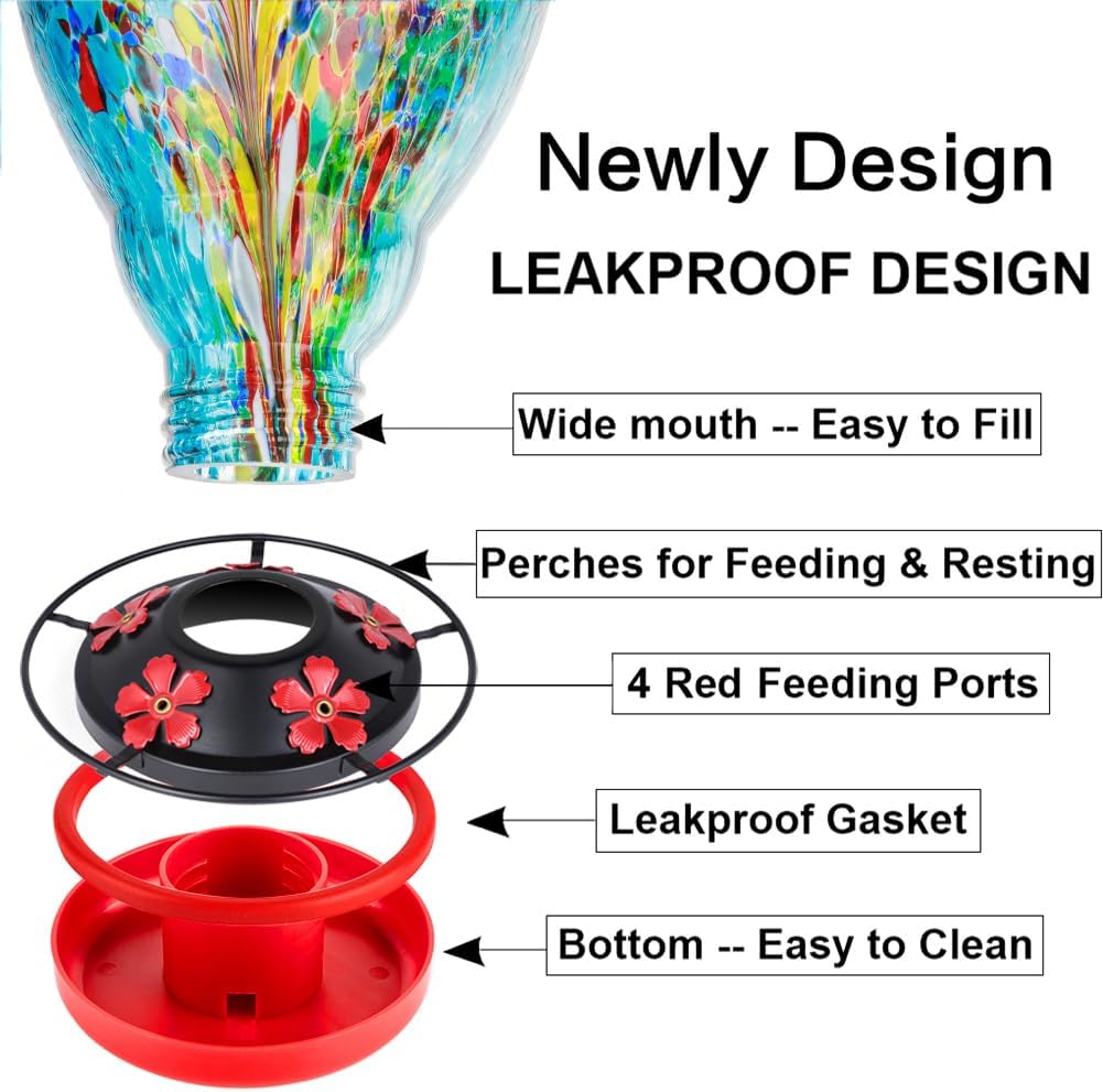 Glass Hummingbird Feeder for Outdoor Hanging 32 Ounces Large Hand Blown Patio Garden Decoration Hummingbird Feeder with Ant Moat Gift Idea for Women (Blue Fire)