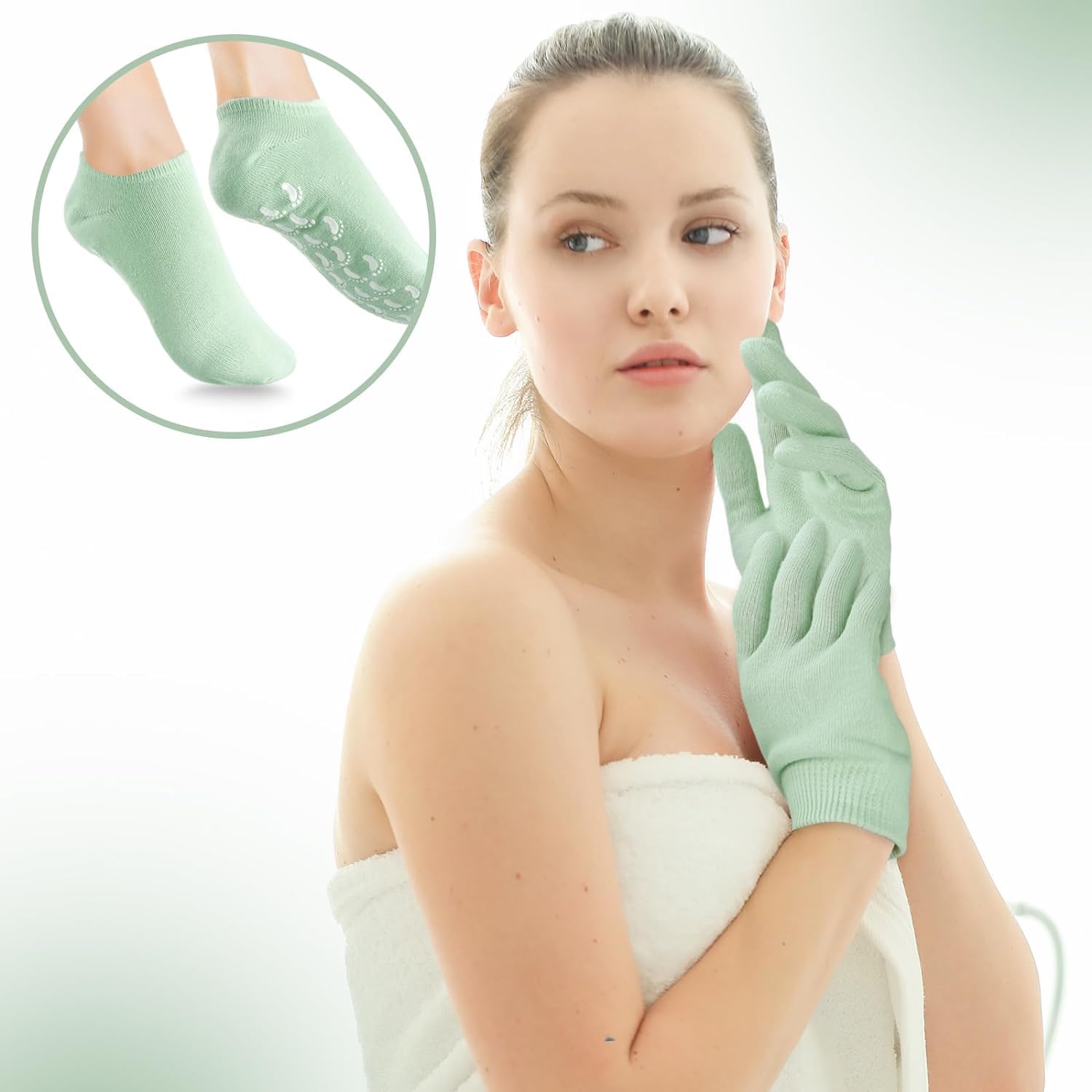Maharsh Pink Soften Moisturising Spa Comfy Recovery Foot Hand Care Gel Socks and Gloves (Green) 4