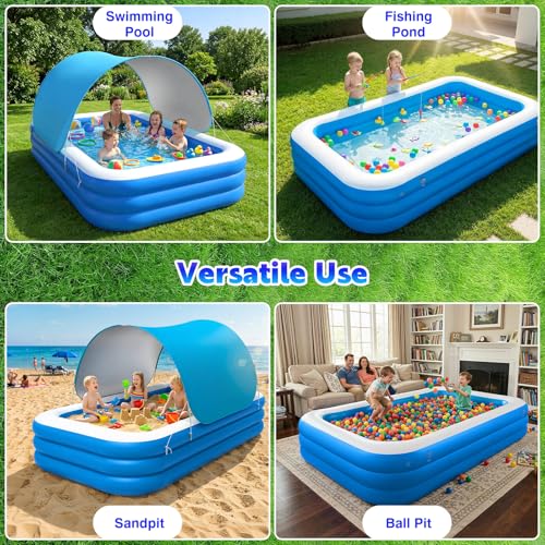 Image of Moko Inflatable Swimming Pool with Canopy, 102 inch x 75 inch x 23 inch Large Above Ground Blow Up Pool with Shade for Adults Kids Kiddie Toddler, Big Foldable Family Pools for Backyard Garden, Blue /White,XL