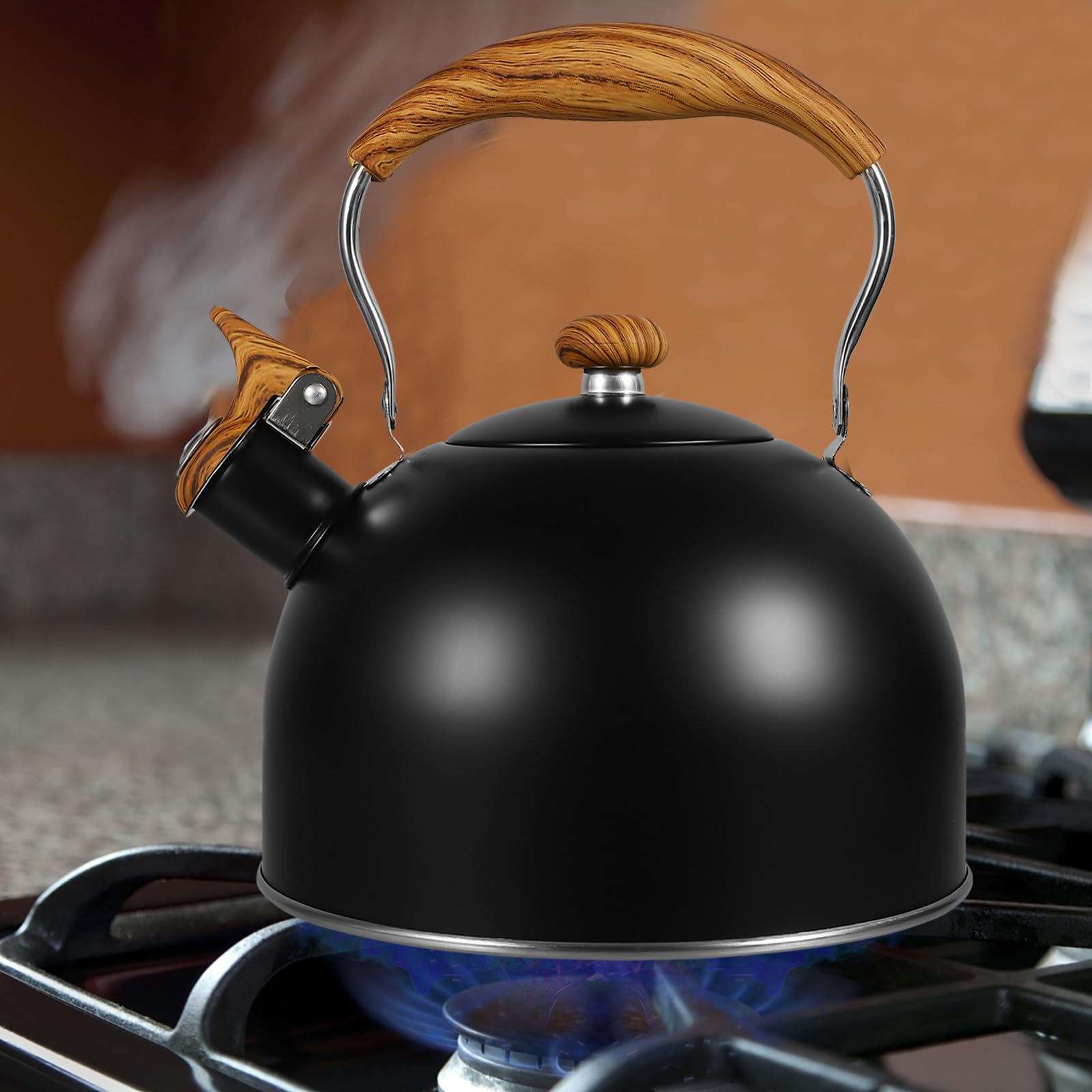 Outanaya Bollitore per Tè Domestico da 2.5l Manico in Legno, Acciaio Inossidabile, Riscaldamento Rapido e Fischio Automatico, Design Elegante per Cucina