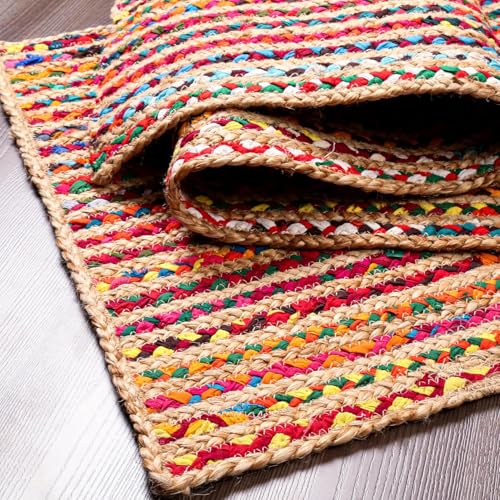 Image of Handmade Natural Jute Cotton Natural Fibers Floor /Door Mat Rugs Furnish Decor Striped Rectangular Design Carpet for Bedroom Living Room (JUTE001, 3x5-Rug /Carpet)