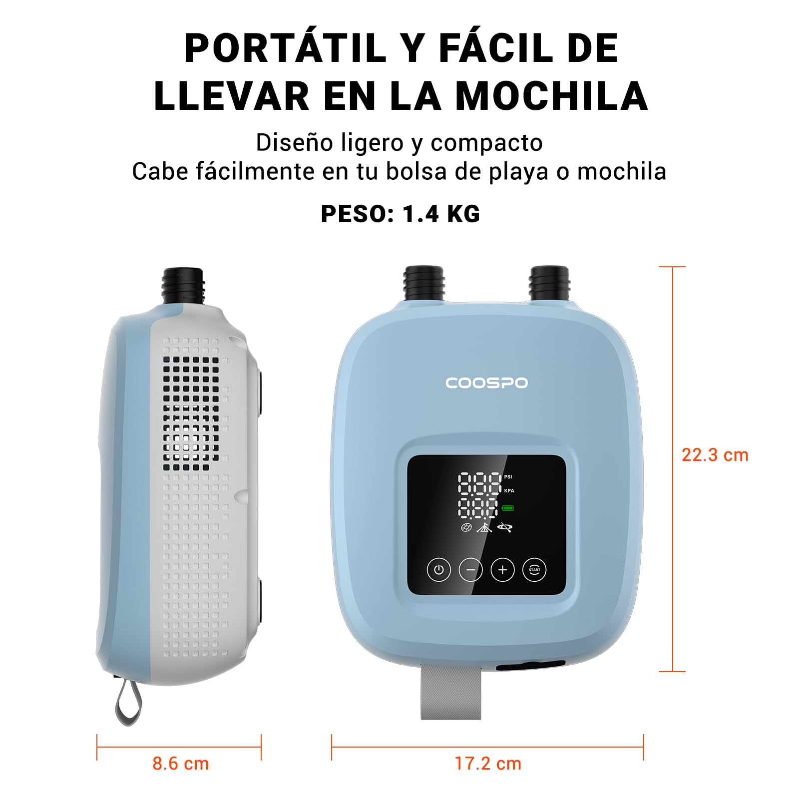 CooSpo Bomba de Aire portátil para Sup inflador eléctrico de Alta presión de 20 PSI batería Recargable de 52.9/44.4 WH Cargador para Coche de 12 V Apto para Kayaks y artículos hinchables