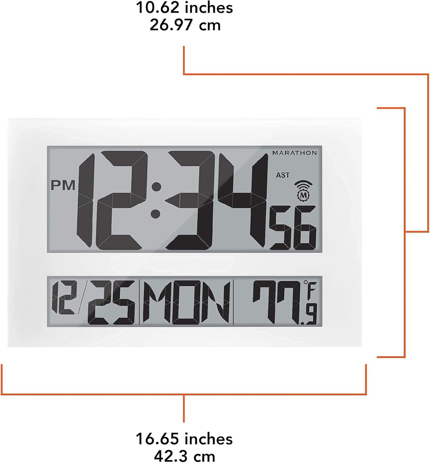 Diagram showing the dimensions of the Marathon CL030025WH clock: 16.65 inches wide and 10.62 inches high.