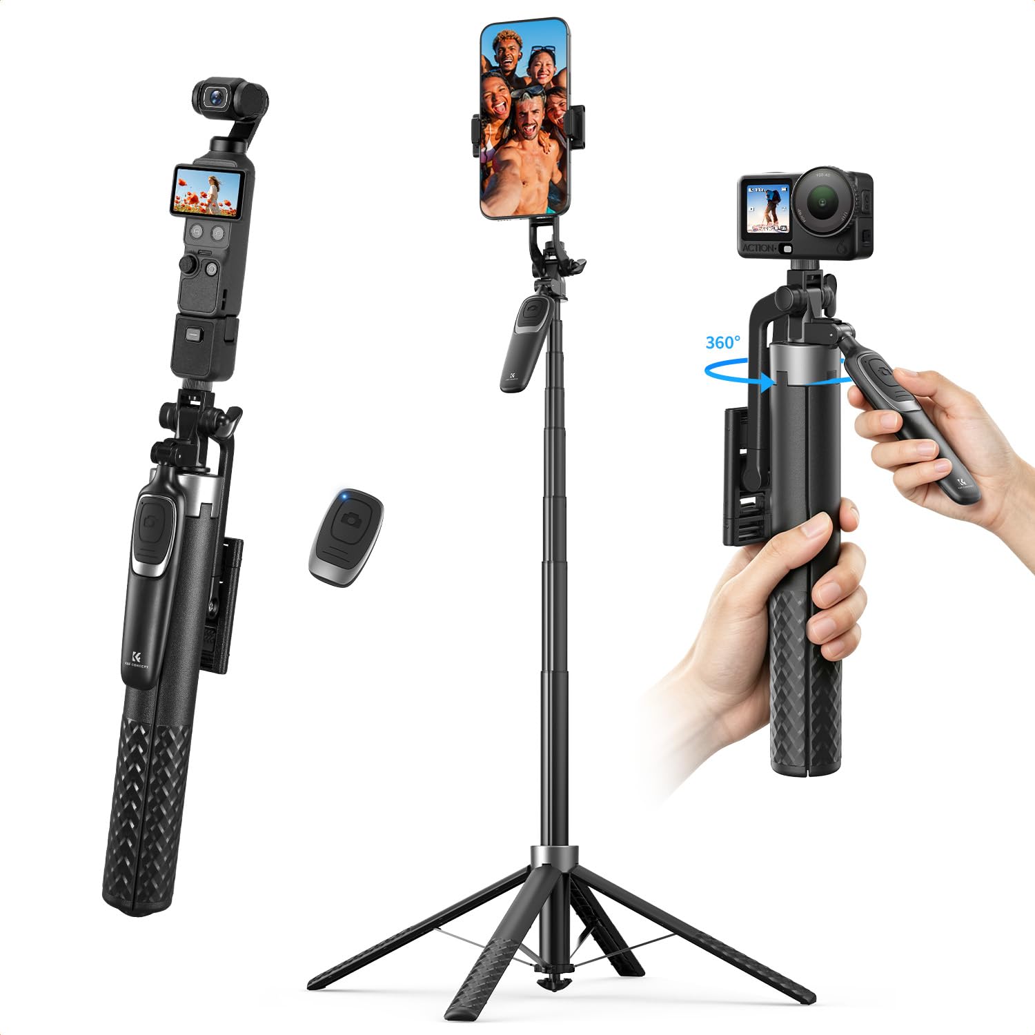 K&F CONCEPT 177cm Trépied téléphone à 4 Pieds avec Poignée Stabilisatrice, Télécommande Bluetooth, Rotation 360°, Perche à Selfie Compatible avec iPhone Android, DJI OSMO Pocket 3/4, pour Voyage Vlog