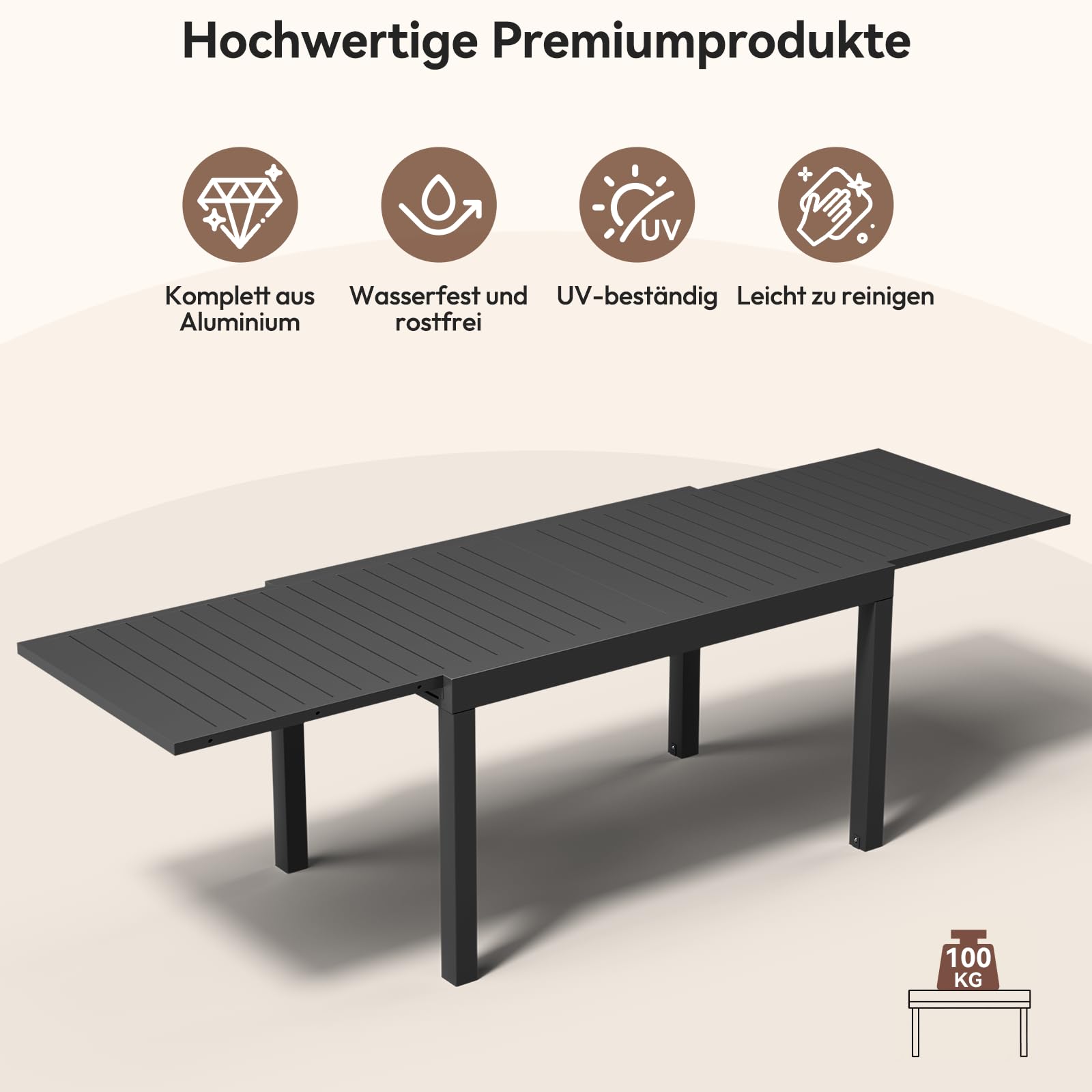 TRIUMPHKEY Gartenmöbel Set 6 Personen, Balkonmöbel mit Aluminium, 6 Stapelstühle und 1 80/160 cm Gartentisch Ausziehbar, Terassenmöbel Außen, Dunkelgrau