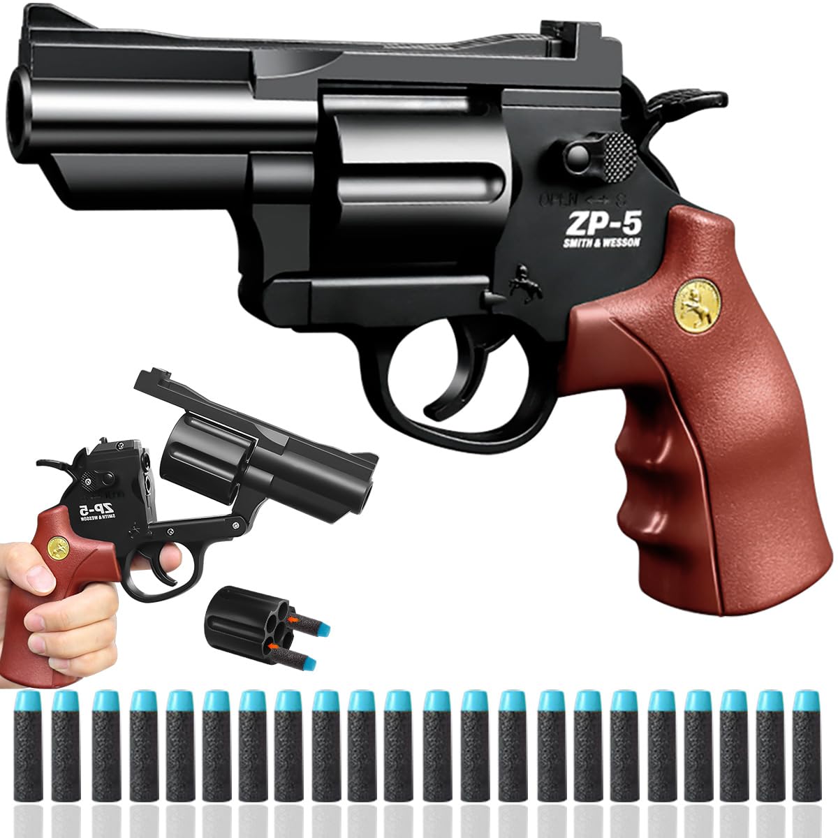 Zabawkowy pistolet dla dzieci, rewolwer, pistolet zabawkowy, pistolet piankowy, od 8 + z 24 piankowymi kulkami na Halloween, karnawał, prezent, akcesoria do kostiumu